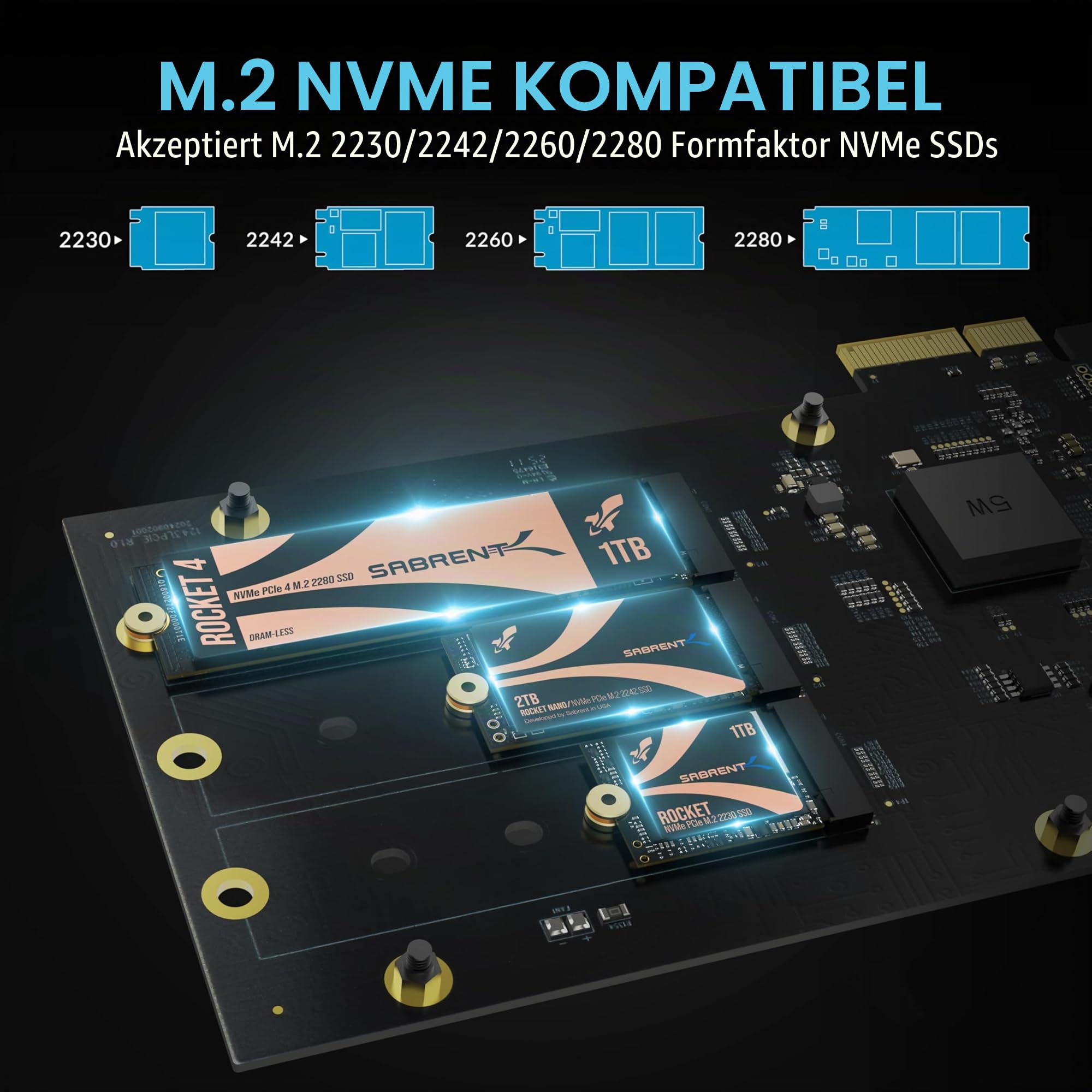 SABRENT PCIe 3.0 x4 m.2 Adapter Karte mit 10GbE, 3× NVMe SSD Slots, Aluminium-Kühlkörper, unterstützt 2230/2242/2260/2280, Keine Bifurkation, kompatibel mit NAS/Server/PC (EC-PM2L)
