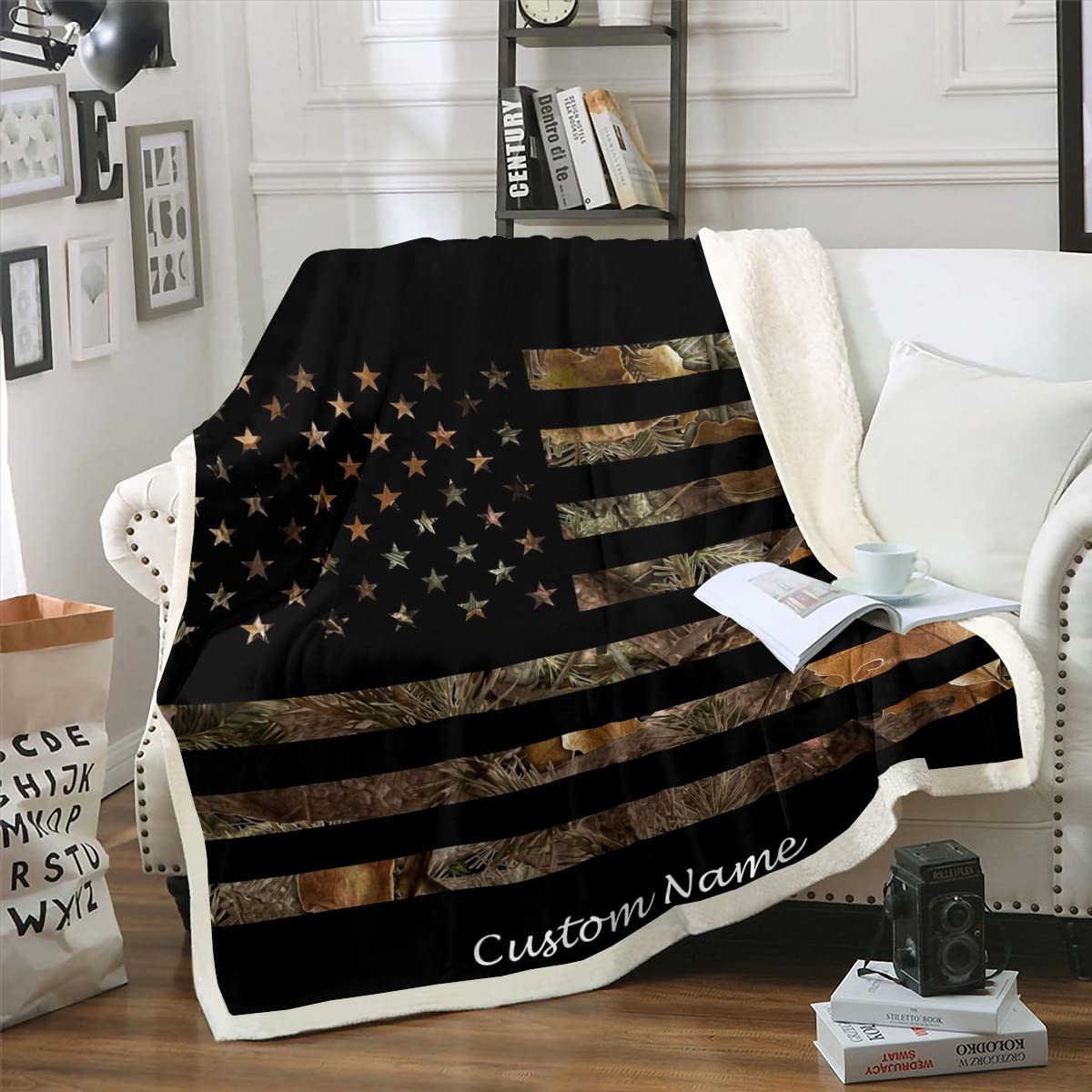 Personalized Custom Blanket with Name Brown American Flag Camo Throw Blanket Gifts Throw 50"X60",Trees Leaves Camouflage Fleece Bed Blankets for