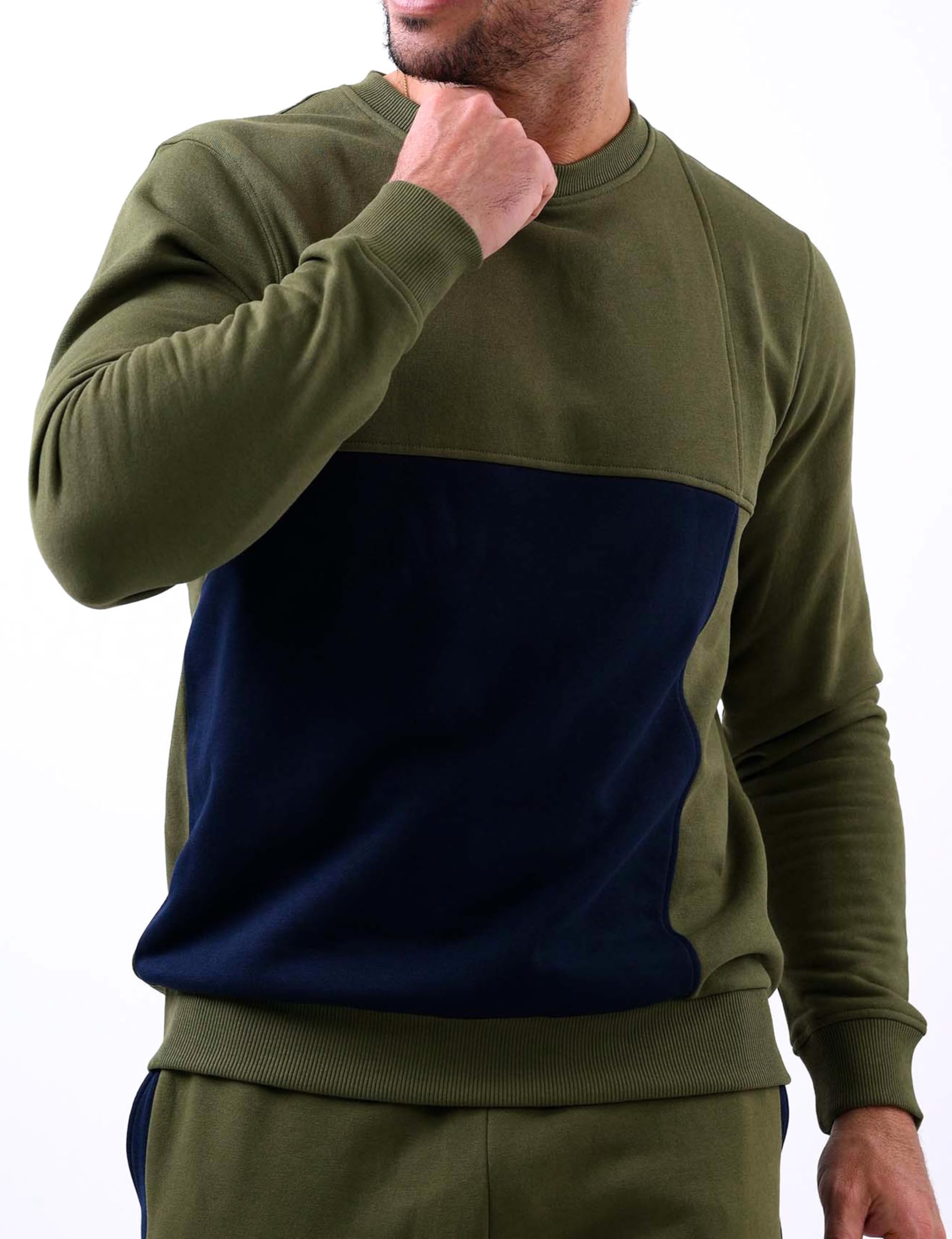 Enorsia Crew Neck Colour Block Regular fit Sweatshirt With Long Sleeves, Cuffs, And Hem Made With Soft Rib (Olive, L)