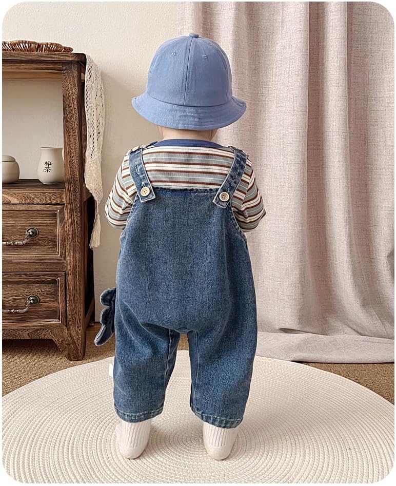 Irsutey Baby Boys Dinosaur Denim Overalls 2-Piece Set, Striped Long Sleeve Tee Cute Tail Detail Jumpsuit