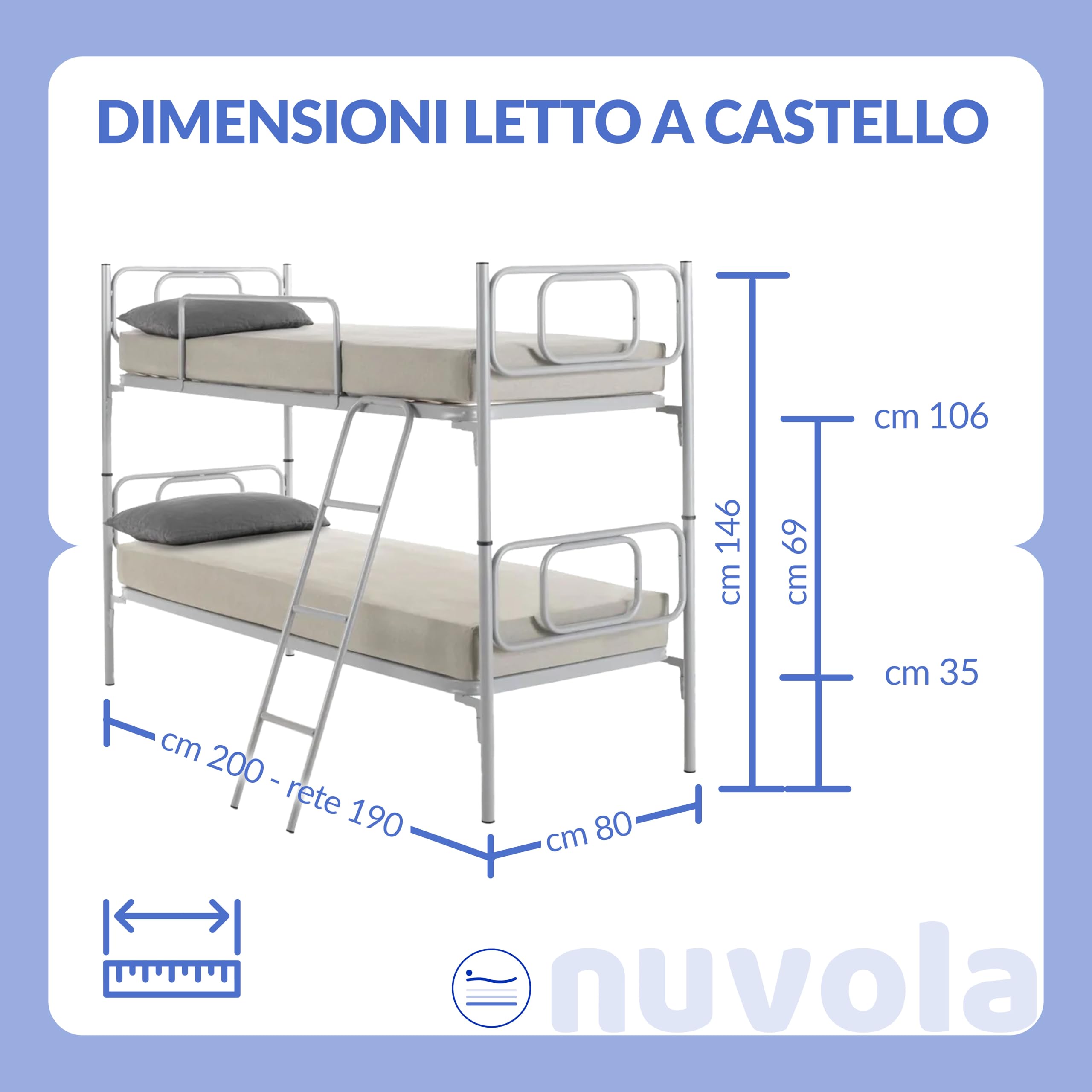 NUVOLA Sirio - Letto a Castello per Bambini e Adulti con Scaletta e Sponda Laterale di Protezione, Include Rete a Doghe Singola 80x190 - Scomponibile in 2 Letti Singoli, Altezza 146 cm, Made in Italy