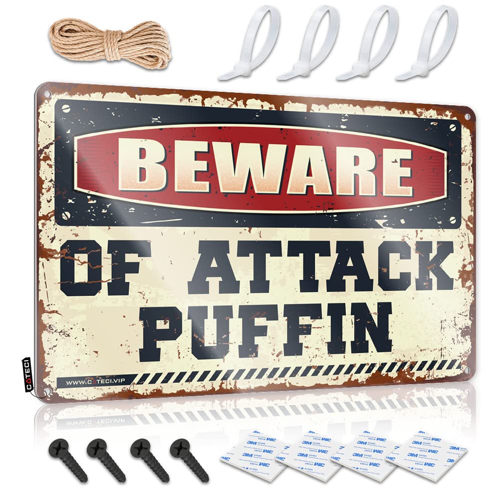 HELIOFORGE Signs For Room Beware Of Attack Puffin Tin Sign Beer Signs For Bar Cheers Tin Sign(20X30CM)