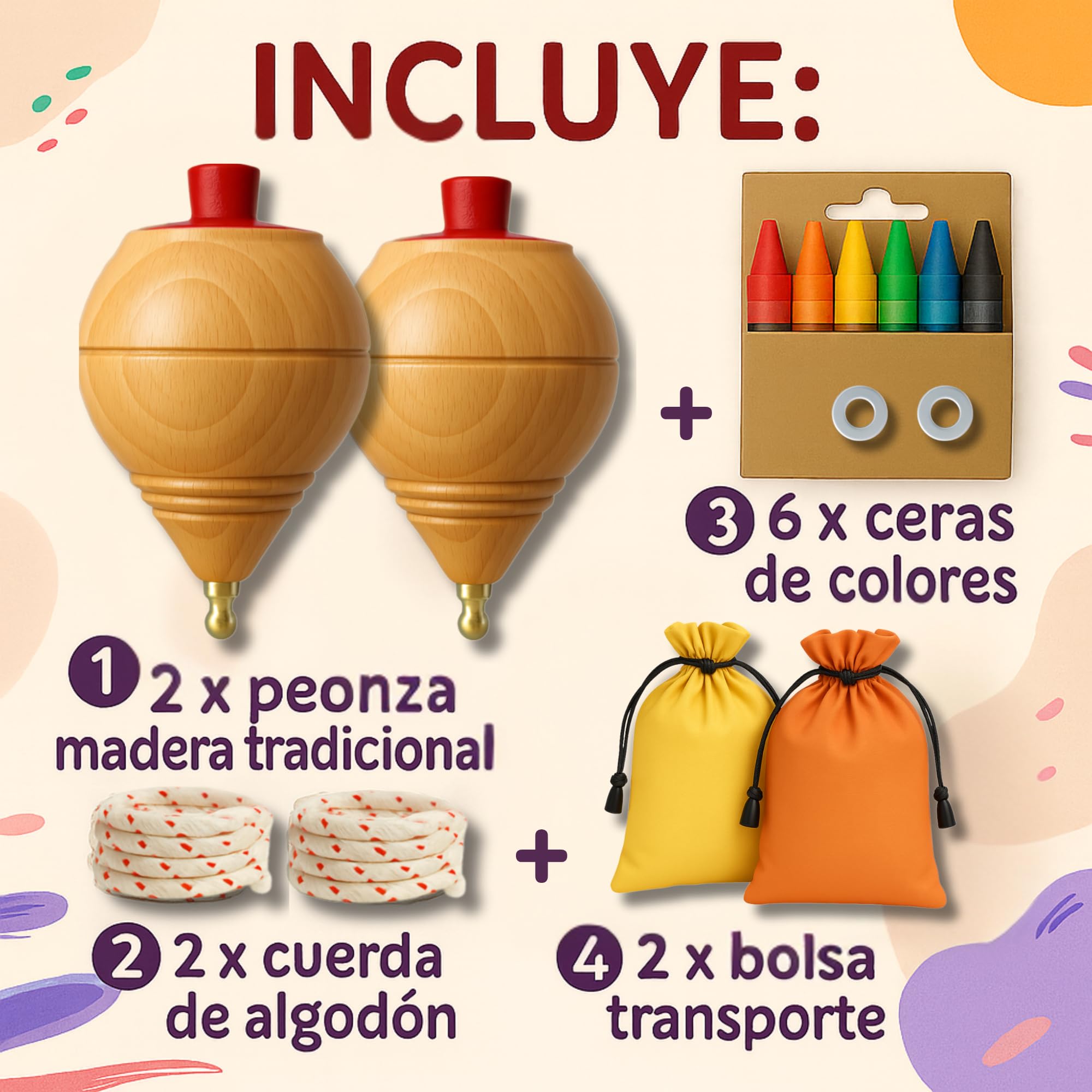 AF® - Peonza Madera, Set 2 Peonzas Niños + 6 Ceras de Colores para Niños + 2 bolsas transporte y 2 arandelas para la cuerda | Personaliza tu Trompo de Madera Tradicional — view 7