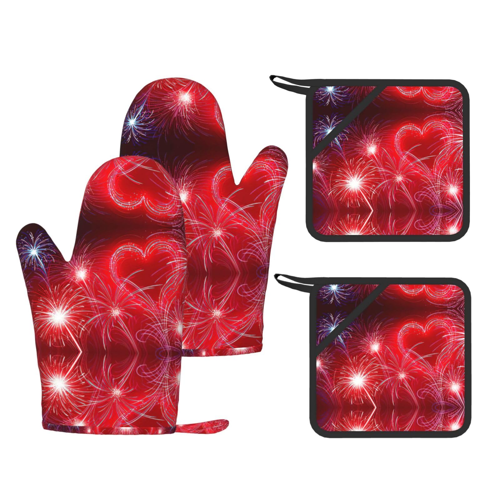Red Hearts Fireworks Printed Potholder and Oven Mitt Set of 4, High Heat Resistant Cooking Gloves for BBQ Grilling