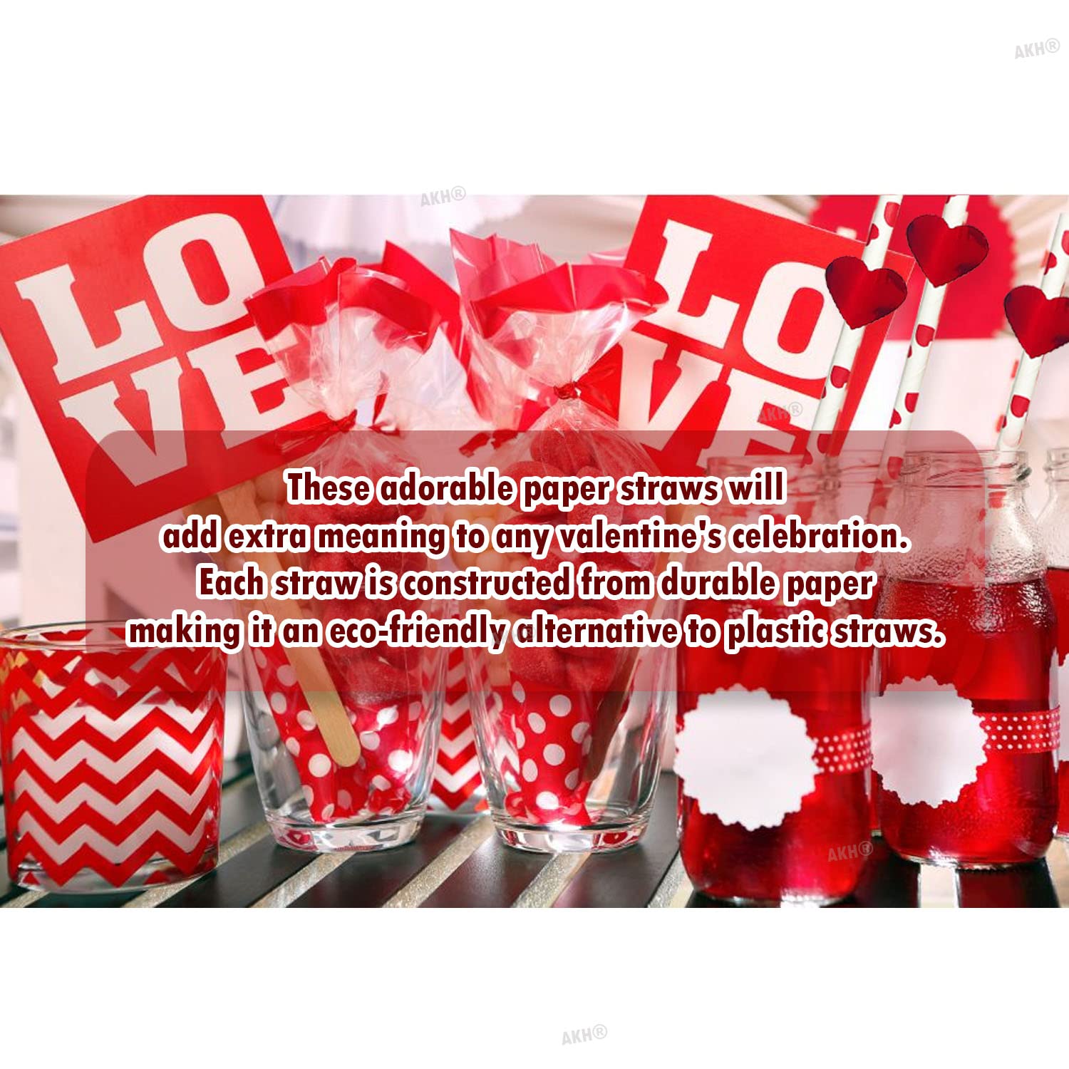 AKH® Heart Print Paper Straws, Red and White, 20cm - Image 4