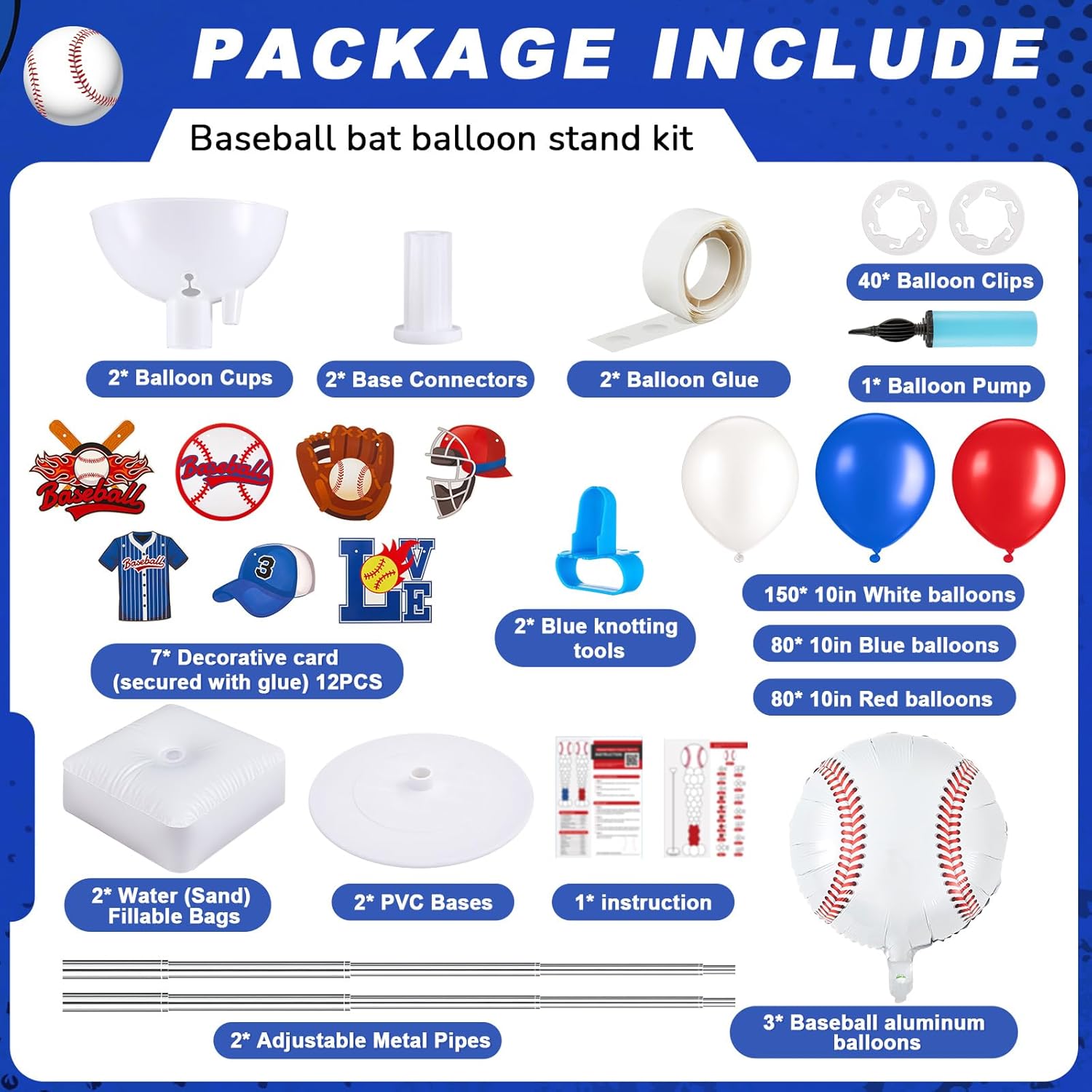 Gejoy 2 Sets Baseball Balloon Column Stand Kit with 253 Baseball Latex Balloons 7 Cards 6.5 ft Adjustable Towers Kit for Floor Party Decorations