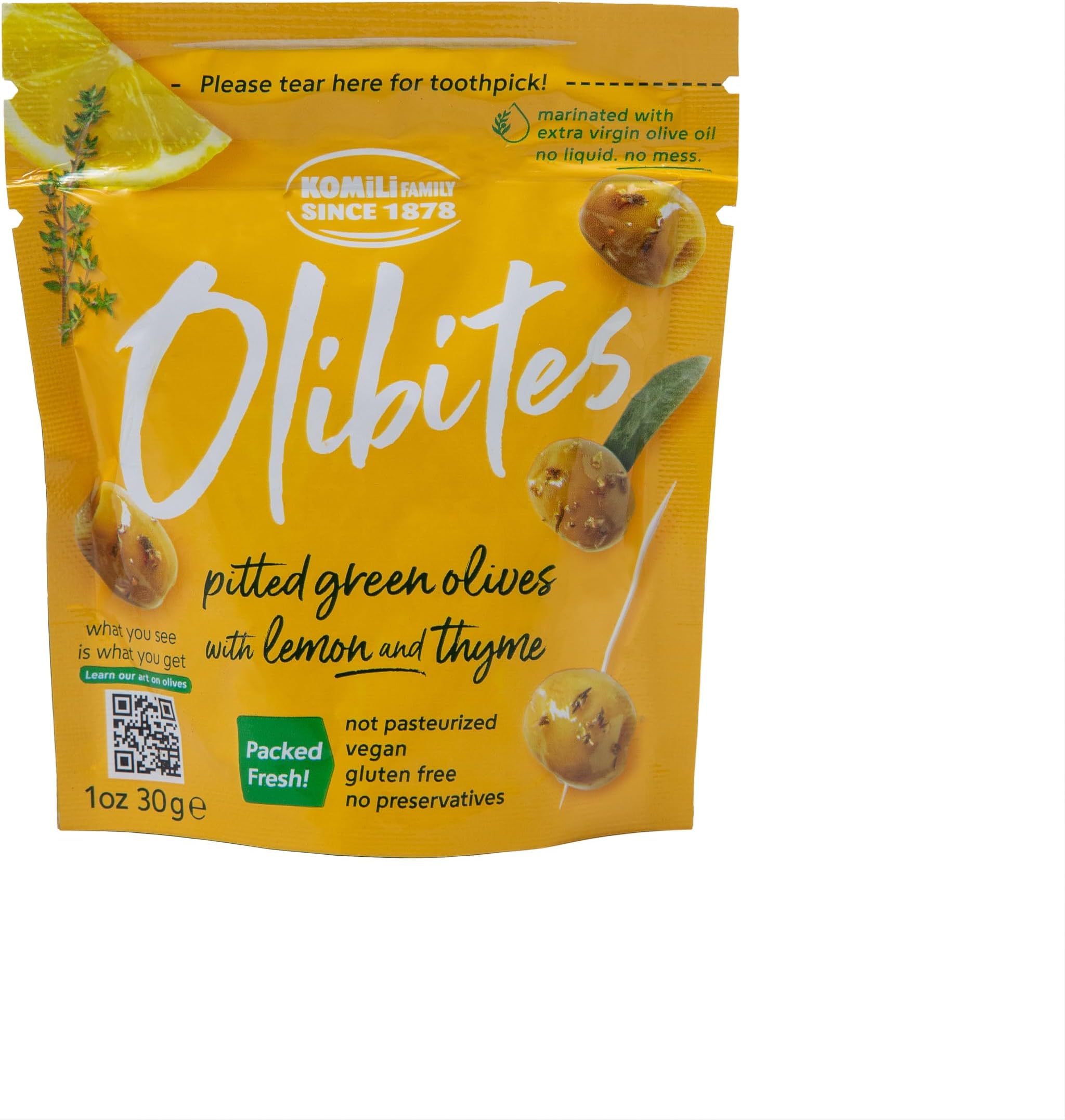 Olibites Pitted Green Olives - Fresh, Antioxidant-Rich Green Olives Marinated with Extra Virgin Olive Oil - No Preservatives, Vegan, Gluten Free, & Not Pasteurized - 0 Net Carbs (1 oz) (Lemon & Thyme, 1oz (Pack of 10)
