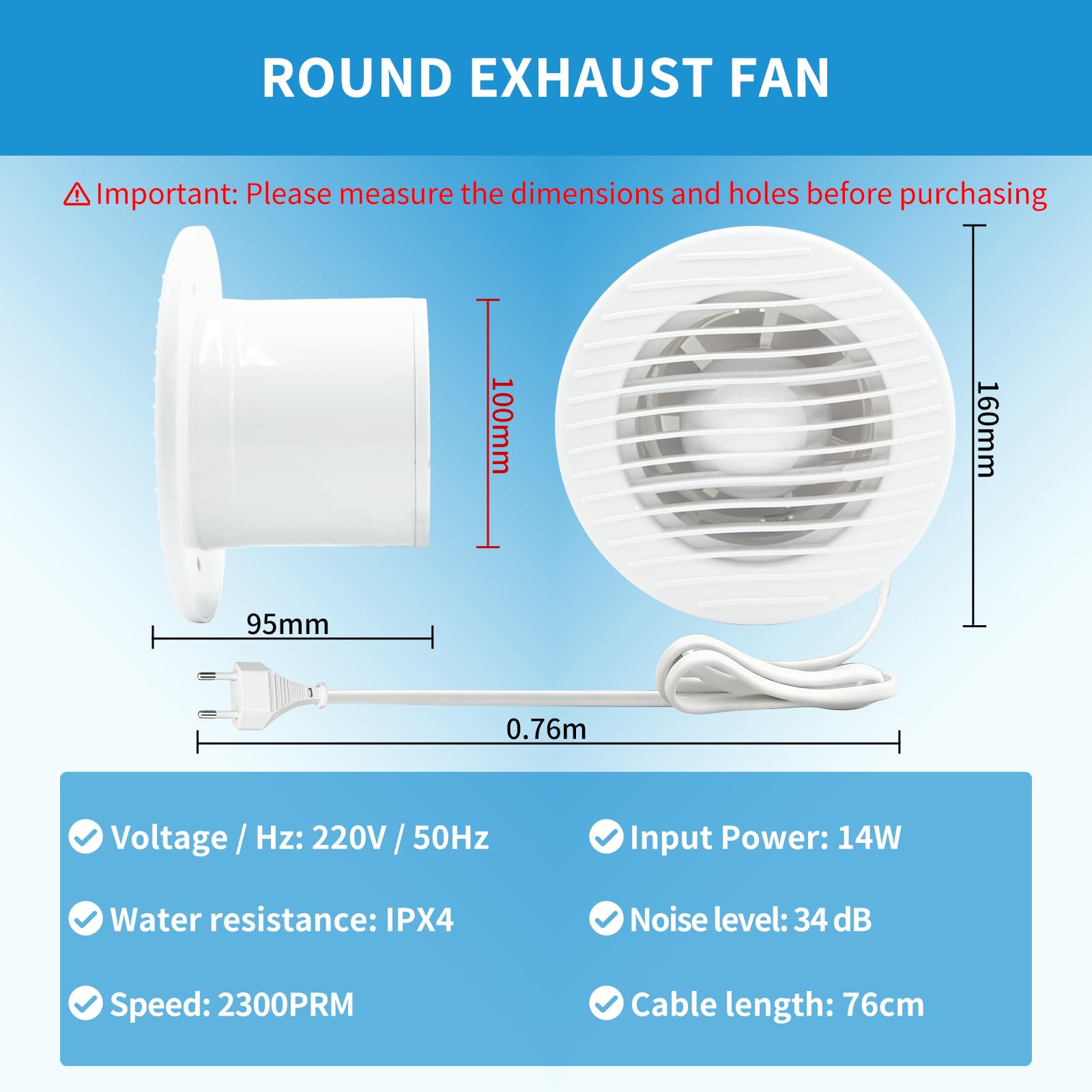 FanGoFast Ventilatore da bagno, 100 mm, silenzioso, con valvola di ritorno, 120 m³/h, 12 W, potente ventilatore da parete per cucina, bagno, WC, serra, garage