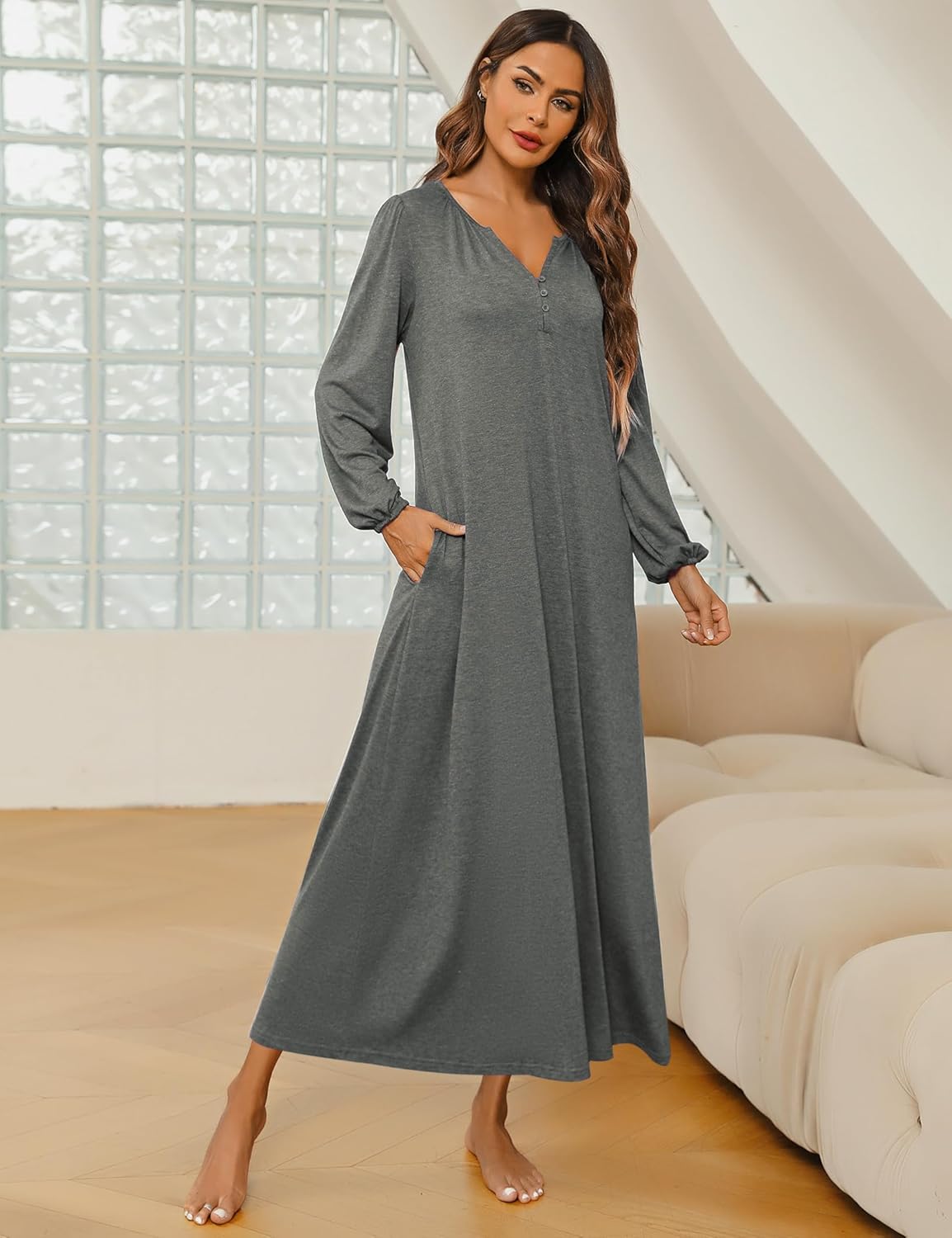 Marvmys Womens Cotton Long Sleeve Nightgown Long Sleepshirts Full Length Henley Sleep Dress with Pockets - Image 3