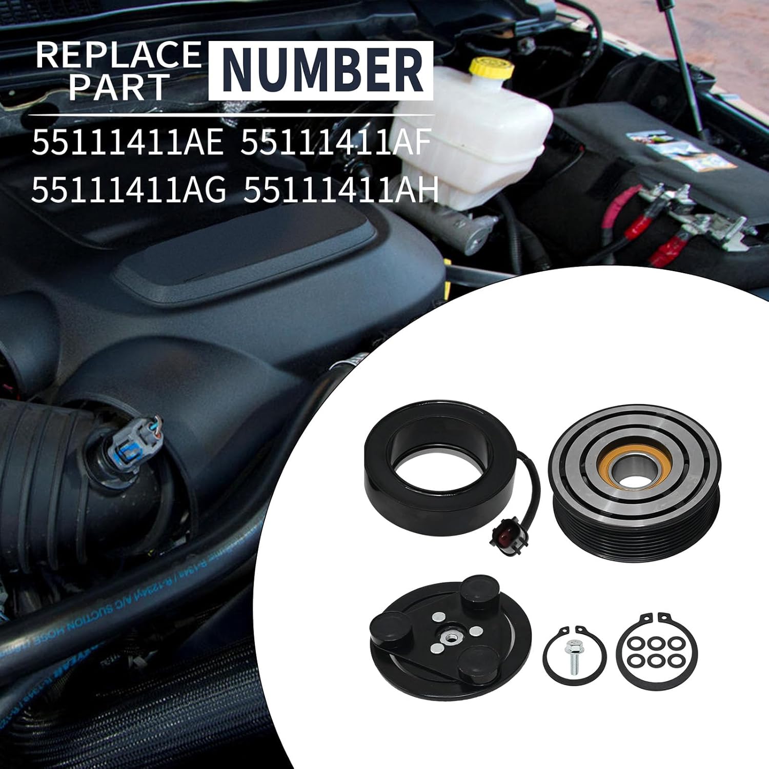 55111411AE AC Compressor Clutch Assembly Kit Pulley Coil 55111411AF Replacement for Dodge Ram 2500 3500 5.9L 6.7L 2006-2009
