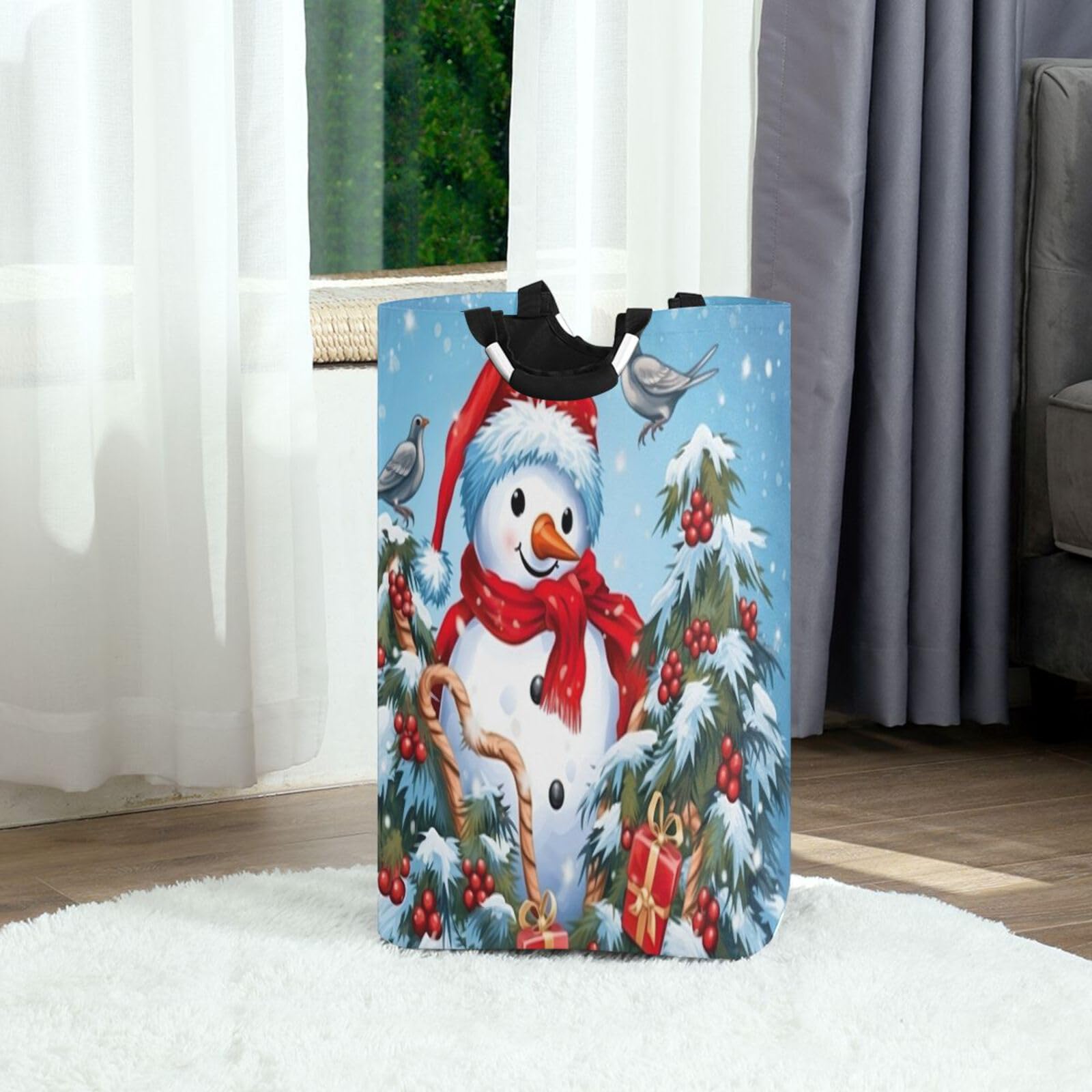 Jihqo Laundry Hamper Basket Christmas Snowman Birds Collapsible Nursery Storage Bin Waterproof Clothing Baskets for Home Bedroom Bathroom Washing Room