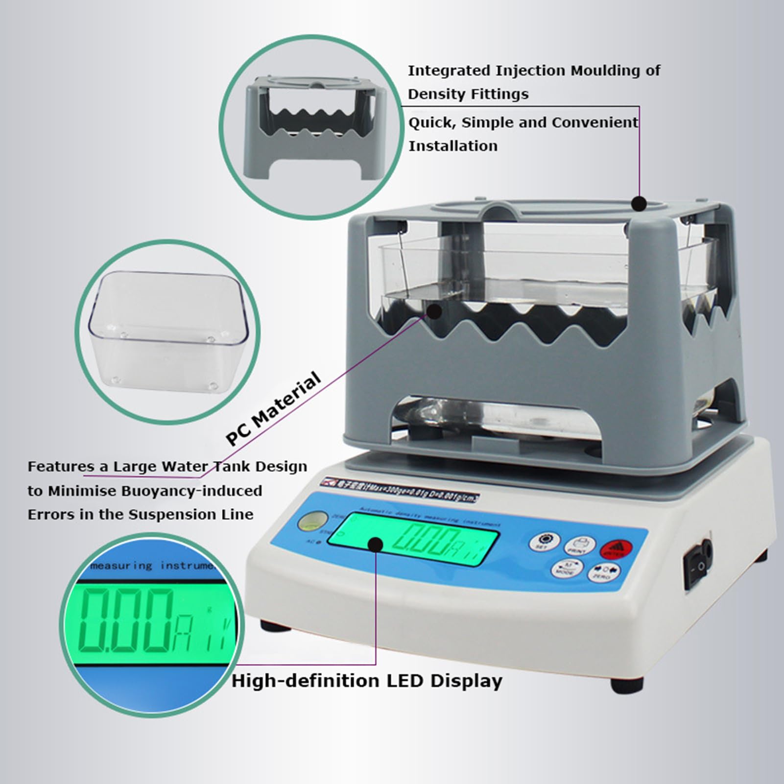 Densimetro solido di Digital di alta precisione 300g/600g - risoluzione del ³ di 0,001 g/cm., densimetro rapido di misura per l'attrezzatura industriale di plastica di gomma del laboratorio