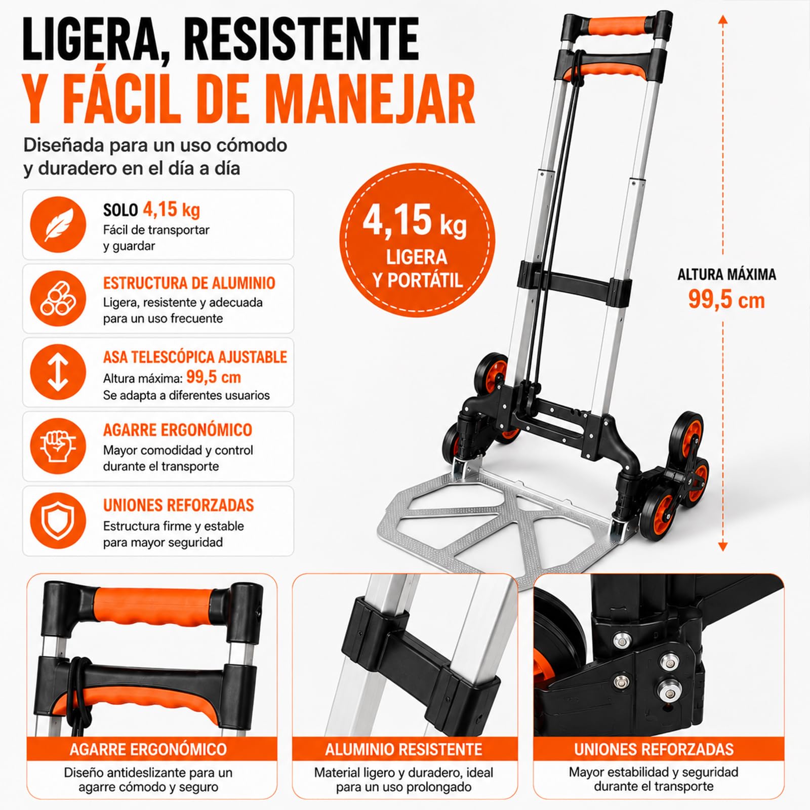 Carro Plegable para Subir escaleras, Carro de Alta Resistencia con Capacidad de Carga de 180 kg, Ruedas y asa telescópica, Adecuado para el Transporte doméstico