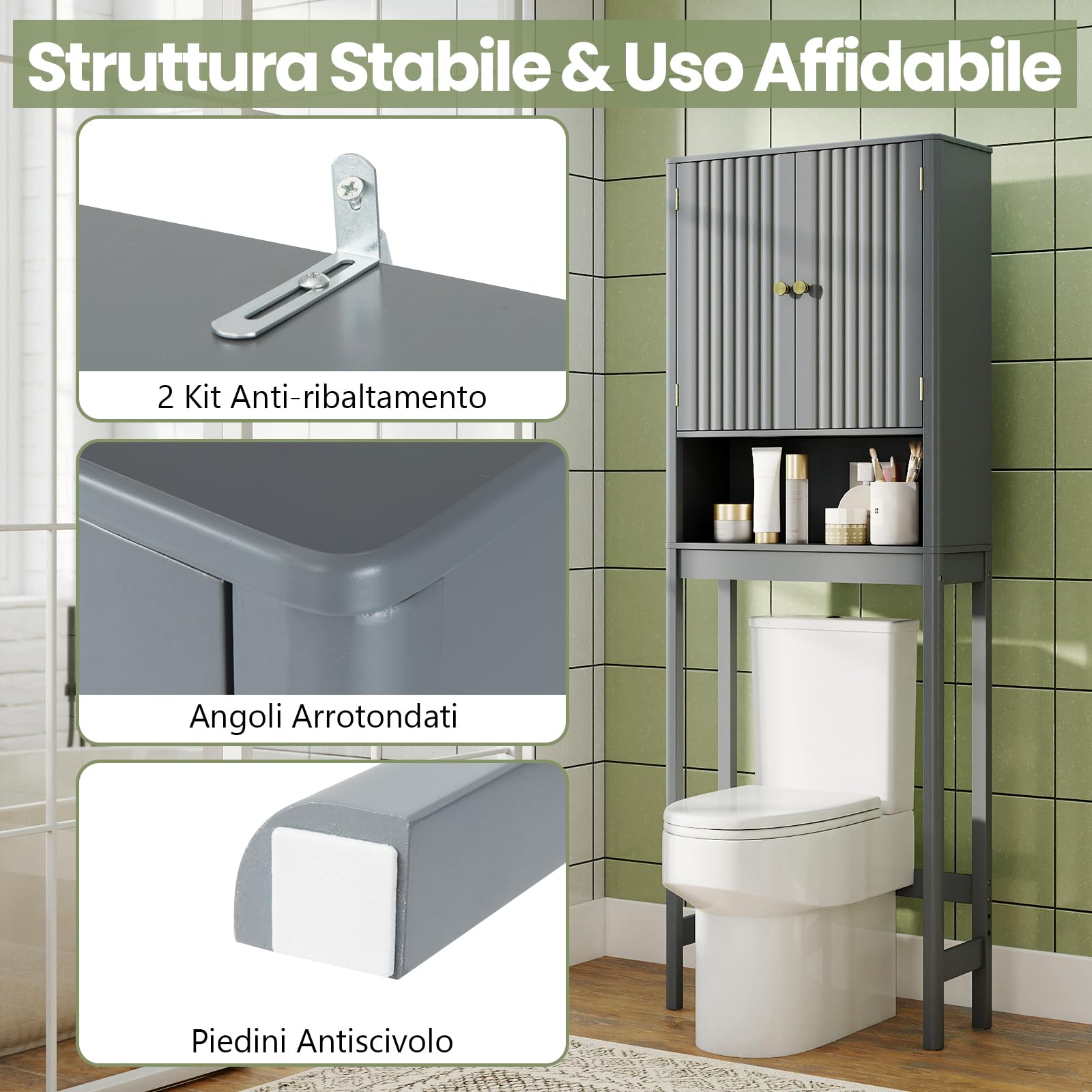 COSTWAY Mobile Bagno Sopra WC, Scaffale per Lavatrice Salvaspazio con 2 Ante, Mensola Aperta e Ripiano Regolabile, Armadietto Sopra Gabinetto in Legno, 60 x 23 x 168 cm (Grigio)