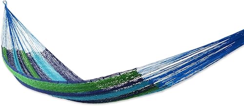 NOVICA Hamaca de algodón hecha a mano hecha a mano con cuerda a rayas, azul, verde, México, naturaleza maya, 'Ocean Dreams' (individual)
