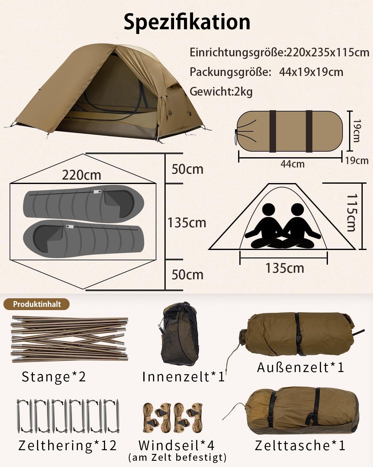 TOMOUNT Tienda de campaña ultraligera para 1-2 personas, de nailon, tamaño pequeño, 4 temporadas, impermeable y resistente al viento, compacta para senderismo, camping, exterior