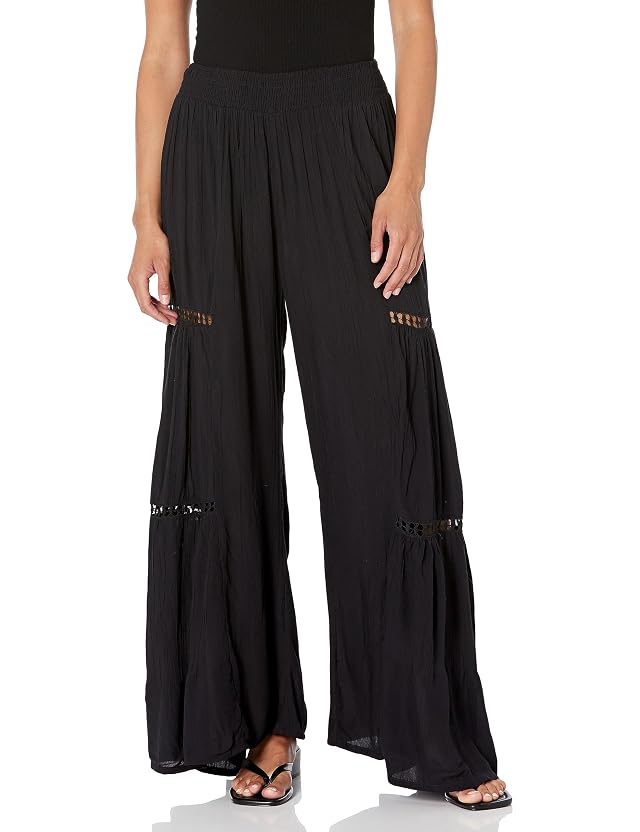 Angie Womens Angie Womens Wide Leg Pants with Lace Inserts