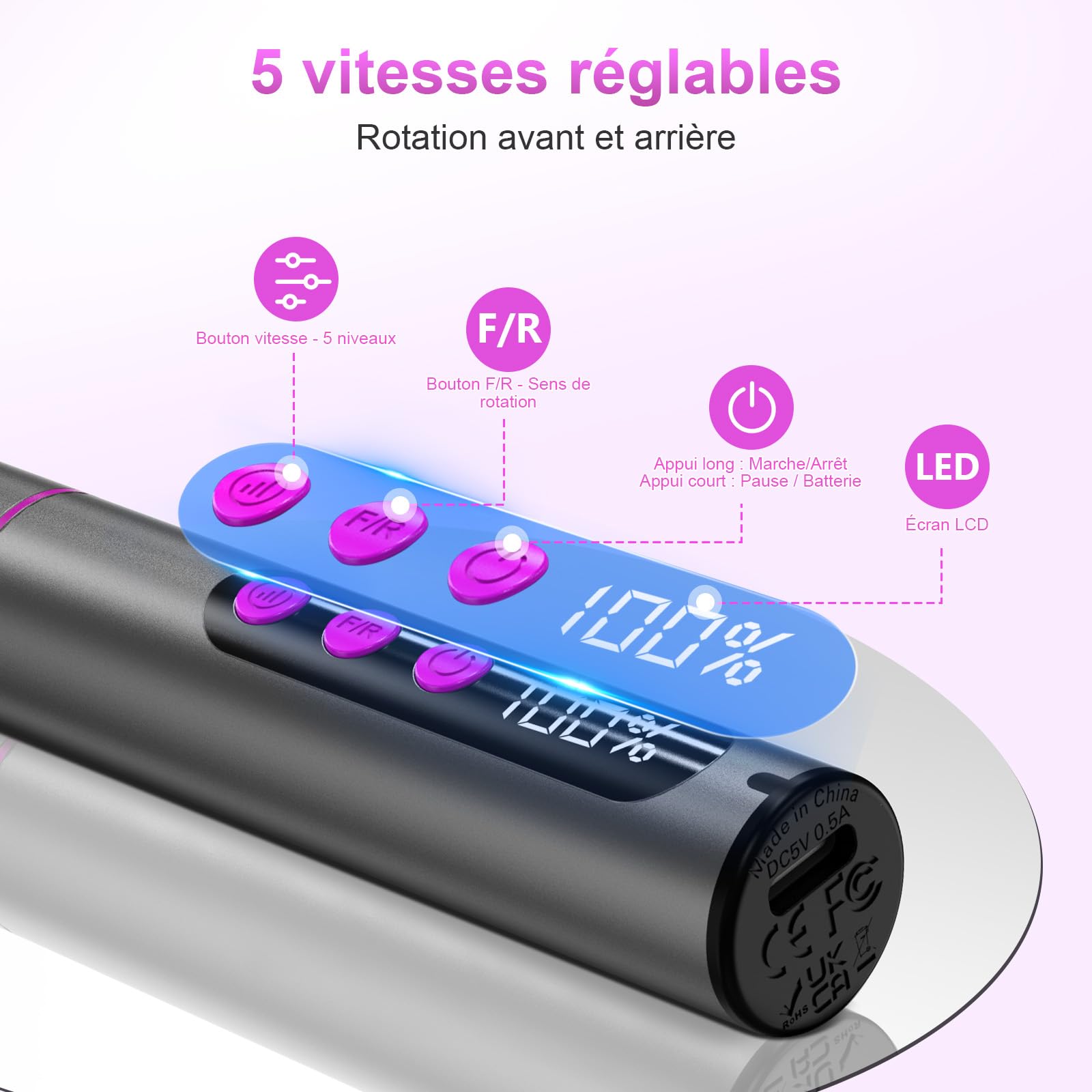 POFIBO Ponceuse pour Ongles Professionnel - 12 en 1 Lime a Ongle Electrique 35000RPM avec LCD écran Numérique, sans fil, 5 vitesses réglables - Kit de Manucure Pédicure Rechargeable Vitesse