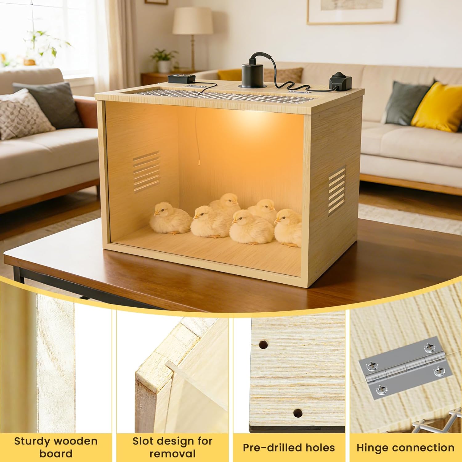 Brooder Box for Chicks, 16 Inch Wooden Chicken Brooder Box with 75W Heat Lamps, Thermometer and Tin Foil, Poultry Breeding Kit, Ideal for 5-7 Newborn Chicks Ducks Quails Hamsters, Small