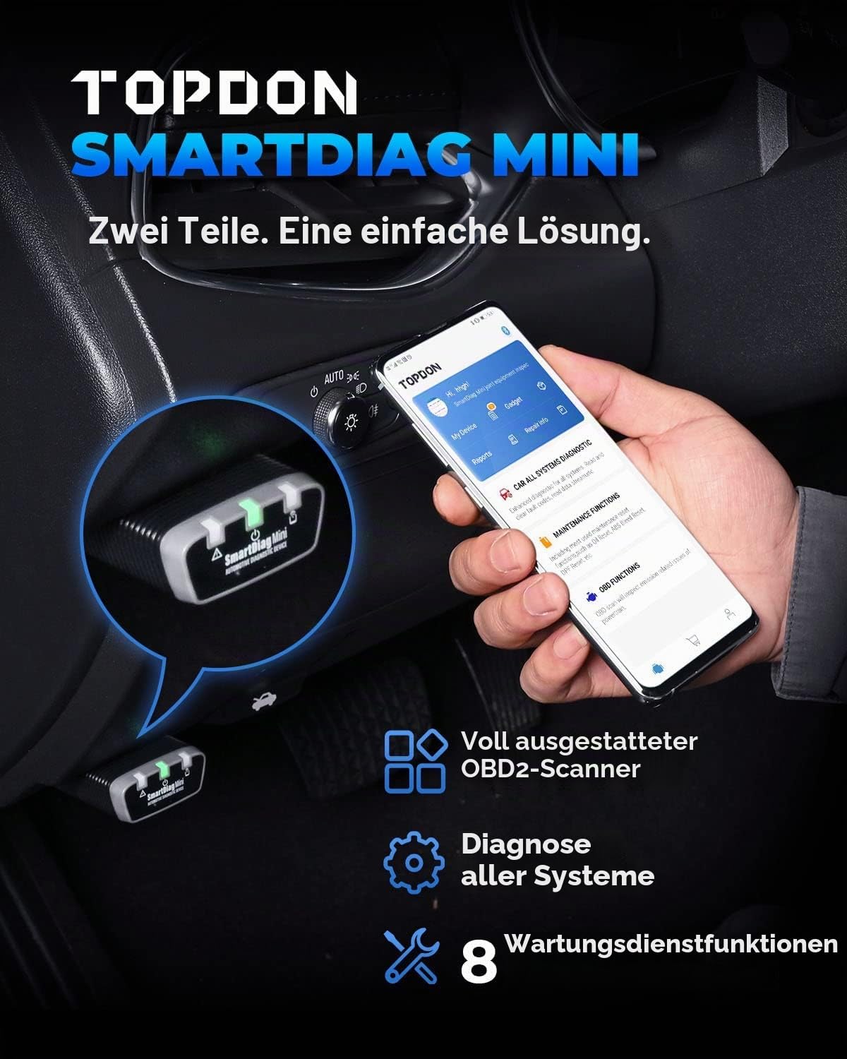 TOPDON OBD2 Bluetooth, SmartDiag Mini Diagnosegerät Auto, OBD-II Diagnosewerkzeuge Fehlercode Auslesegerät mit Allen Systemdiagnosen, 8 Zurücksetzen/Reset Funktionen, IOS/Android Unterstützen