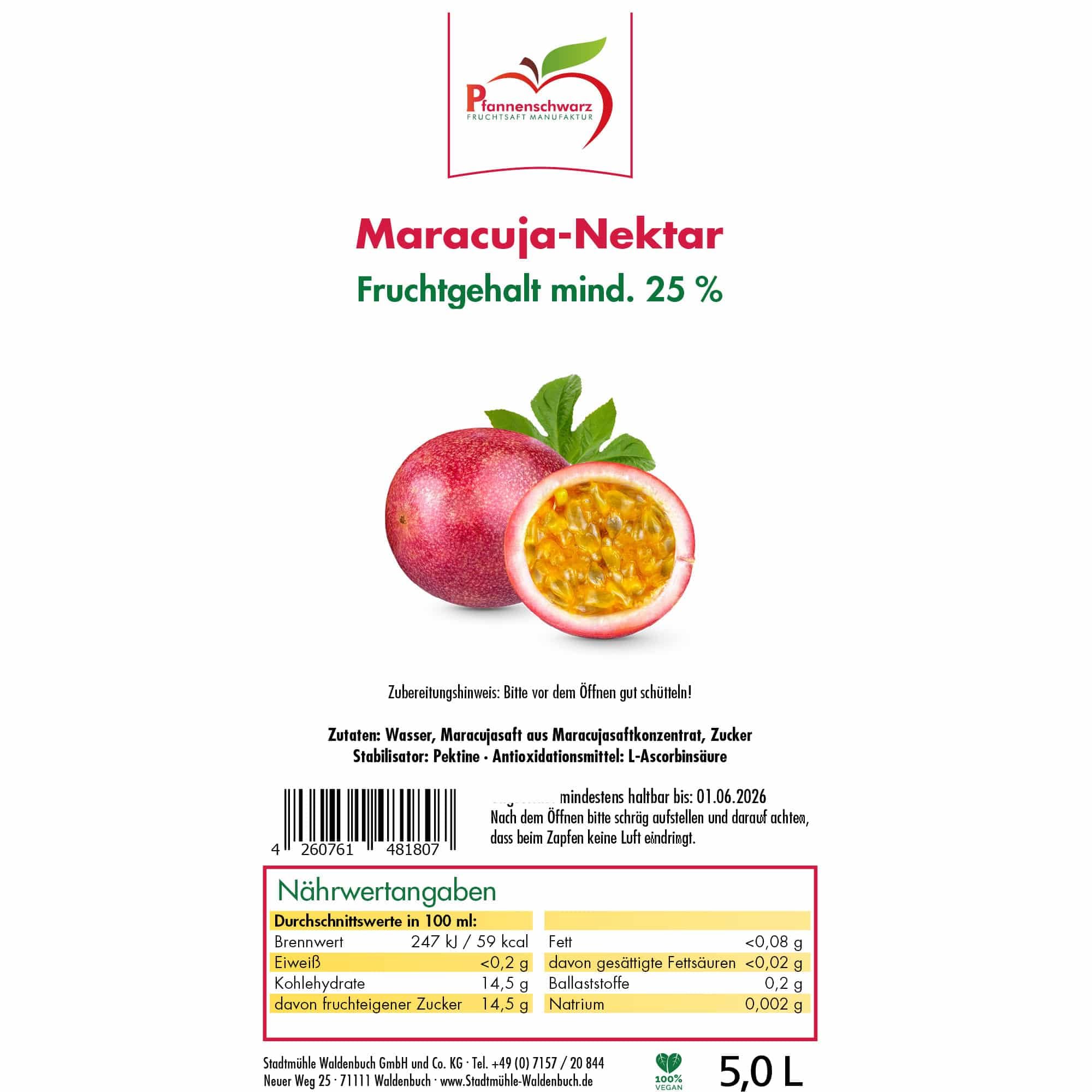 Pfannenschwarz Fruchtsaft Manufaktur Maracuja Nektar Bag-in-Box 5 L