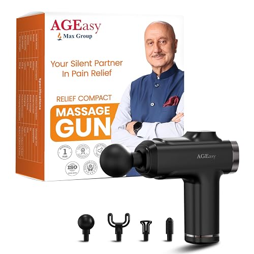 AGEasy (Max Group) Relief Compact Massage Gun | 8 Speed Levels, 4 Massage Heads | USB Type-C Rechargeable Handheld Massager | Full Body Pain Relief Muscle Massage Machine for Men & Women (Black)