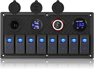 8 Gang Marine Boat Switch Panel Waterproof,12V-24volt On-Off Rocker Switch Panel with 3.1A Dual USB Charger, Blue LED Light,15A Fuse Panel for Boat,Also Suitable for Car RV UTV Truck