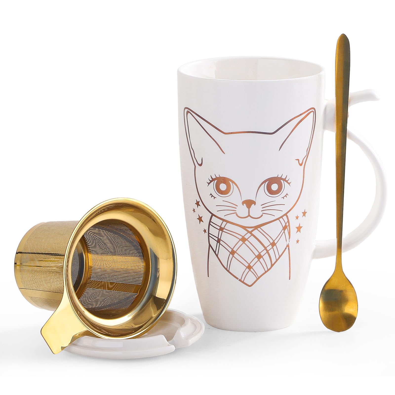 DELARLOCHEF Tea Mug With Infuser And Lid - 20oz Microwave & Dishwasher Safe Ceramic Mug, Cat Lover Gift with Leak-Proof Lid, 304 Stainless Steel Strainer & Spoon, Graduation Gifts, Golden White Cat