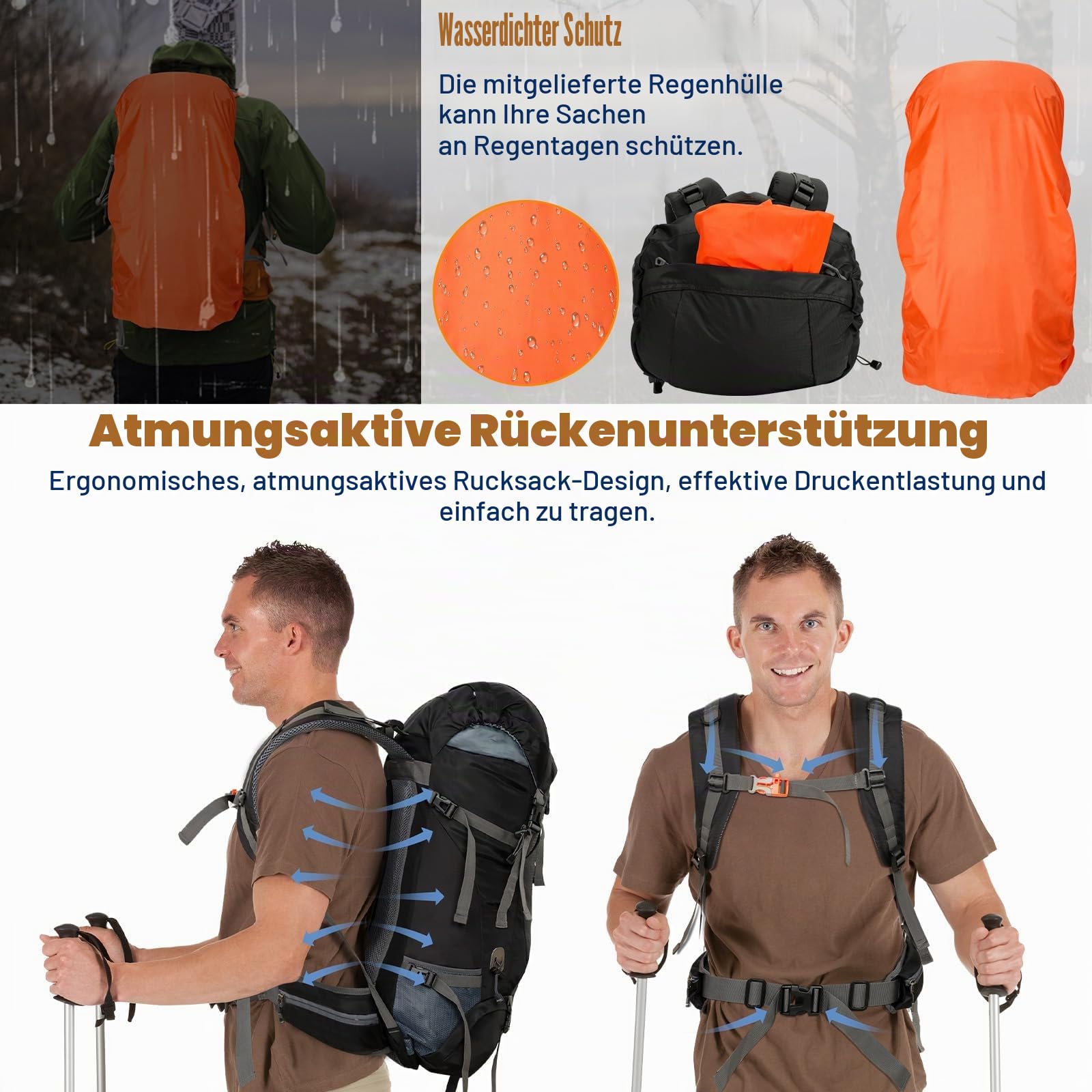 Cozary Wanderrucksack 70L Herren Damen Trekkingrucksack Outdoor Wandern Rucksack Mit Regenabdeckung, Reißfest Wasserdicht mit Belüftungssystem, Mehrere Fächer für Bergsteigen Camping Trekking