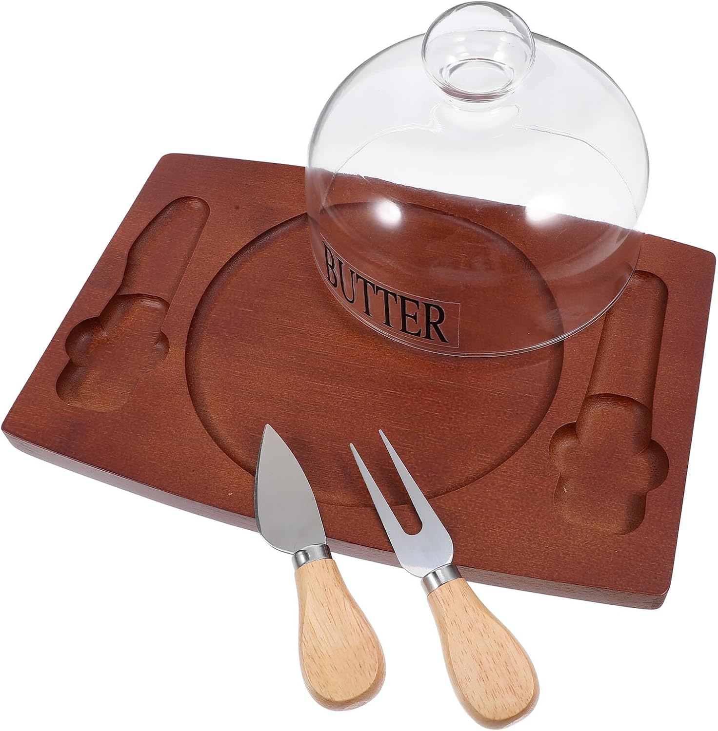 KICHOUSE Butter Storage Dish with Glass Lid and Wood Tray Rectangular Butter Holder with Dual Knife Cutter for Refrigerator and Countertop Use 1pcs