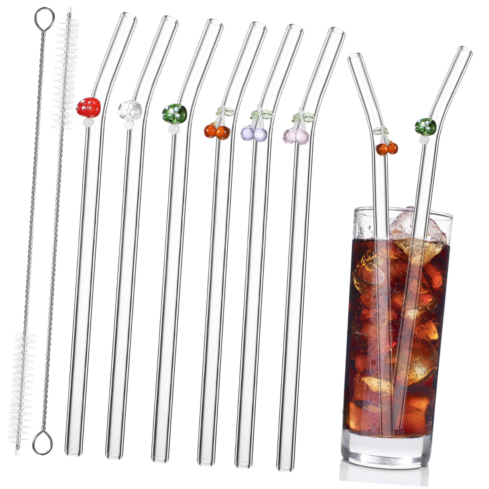 Pailles en verre réutilisables incurvées lot de 6 de couleur aléatoire avec 2 brosses