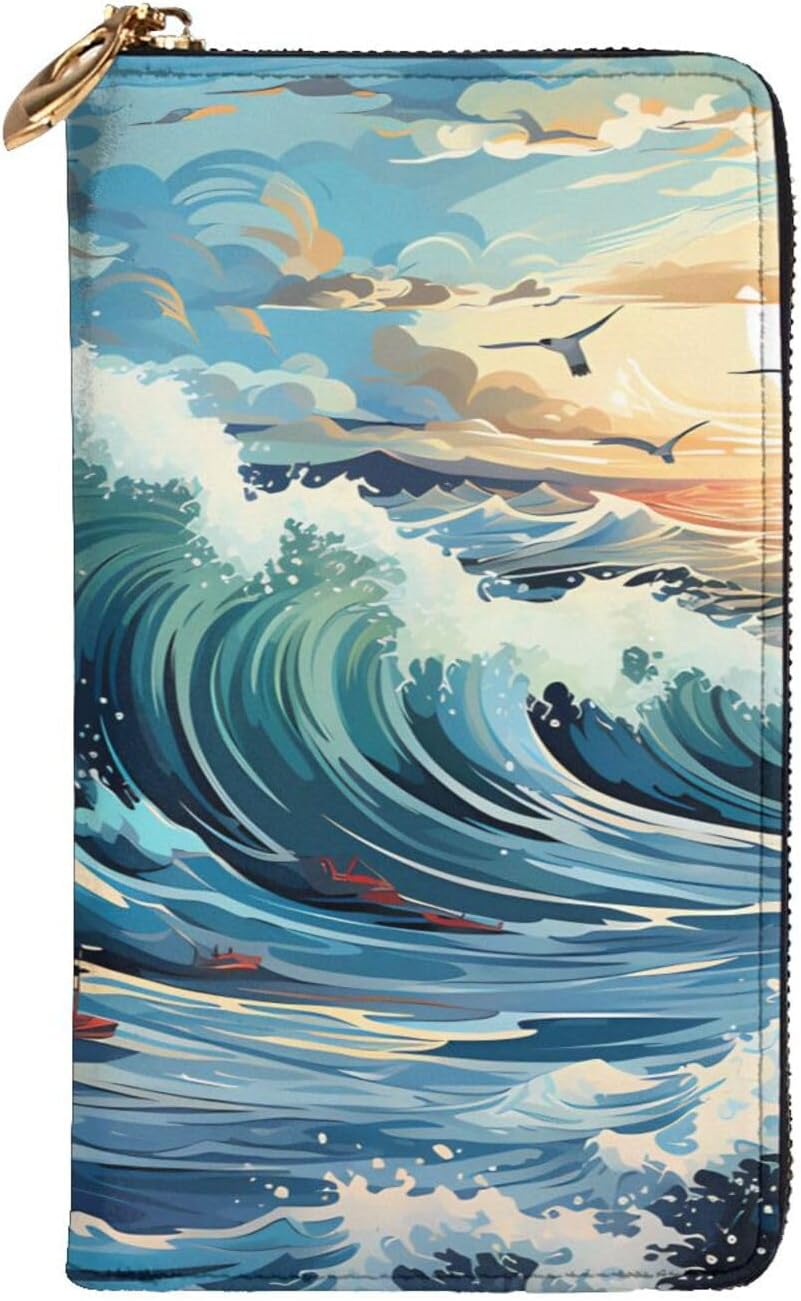 Wave Sailboat Seagull Women's wallet, clutch wallet, with zipper, large capacity.