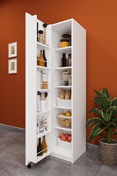 ASRA TREND MK19 Beyaz Kiler Dolab    40x180 cm Dar Alan  ok Ama l  Dolap, 5 Rafl , Kapak  i B lmeli,%100 MDFLAM Erzak ve Mutfak D zenleyici