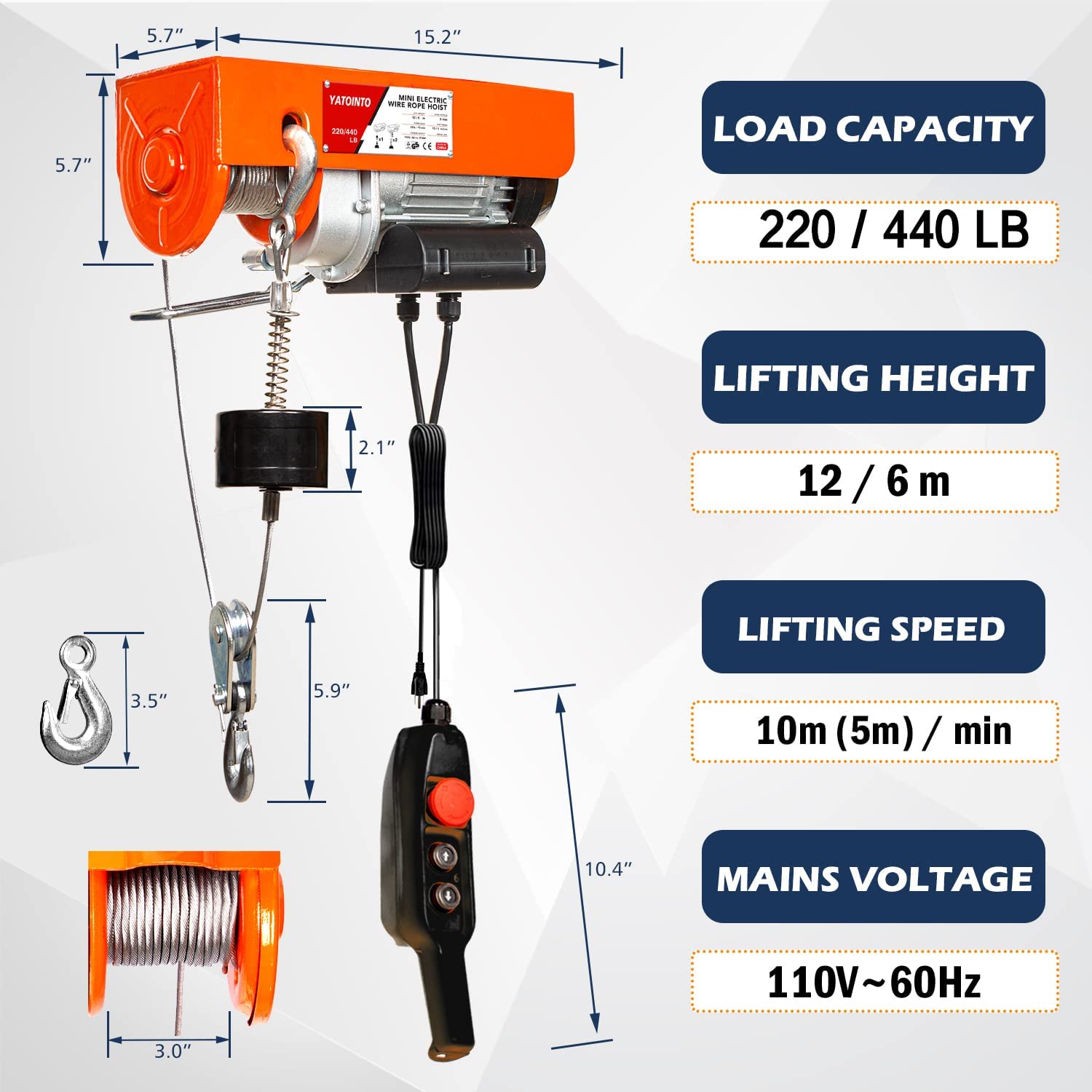 YATOINTO Electric Hoist 440LBS / 220LBS Load Capacity Electric Winch 19ft / 39.4 ft Lifting Hight Garage Hoist Wired Remote Control System with Emergency Stop Switch Crane for Garage Ceiling Overhead: Industrial & Scientific