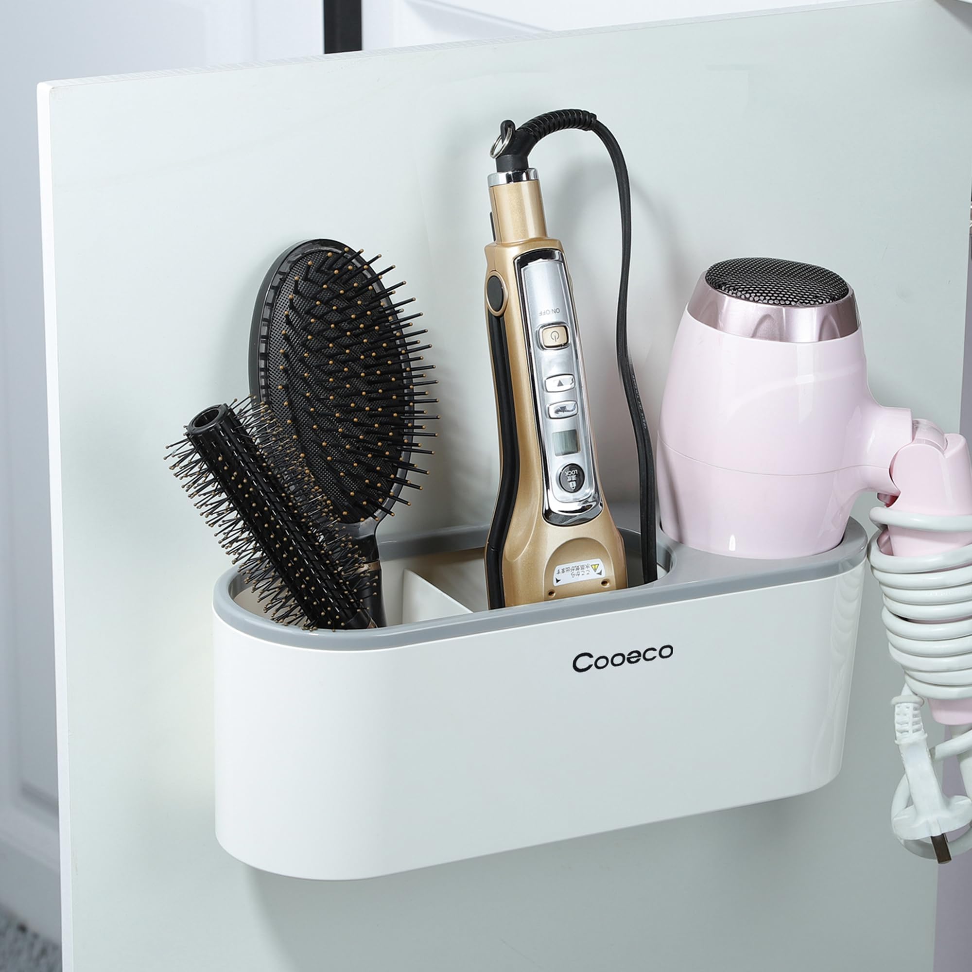Cooeco Hair Dryer holder - 3 in 1 Hair Tool Organizer Bathroom, Hair Accessories Organiser inside Cabinet Door, Hairdryer Holder for Curling Iron Hair, Straightener Hair, Styling Tools Storage, Grey
