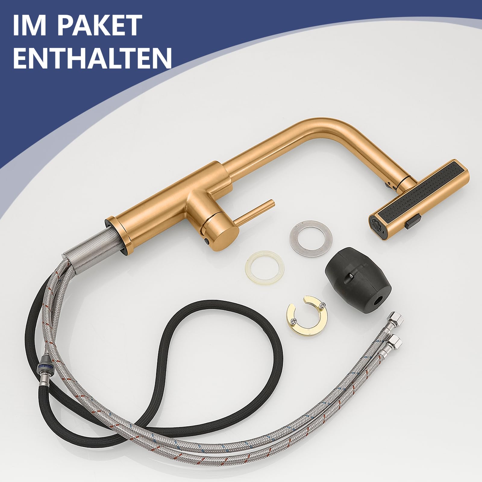 AIMADI Küchenarmatur ausziehbar golden, Wasserhahn Küche mit 3-Wege-Duschbrause & 38cm Schlauch, Einhebelmischer für Kalt- und Warmwasser, Armatur Küche für Spüle & Kücheninsel