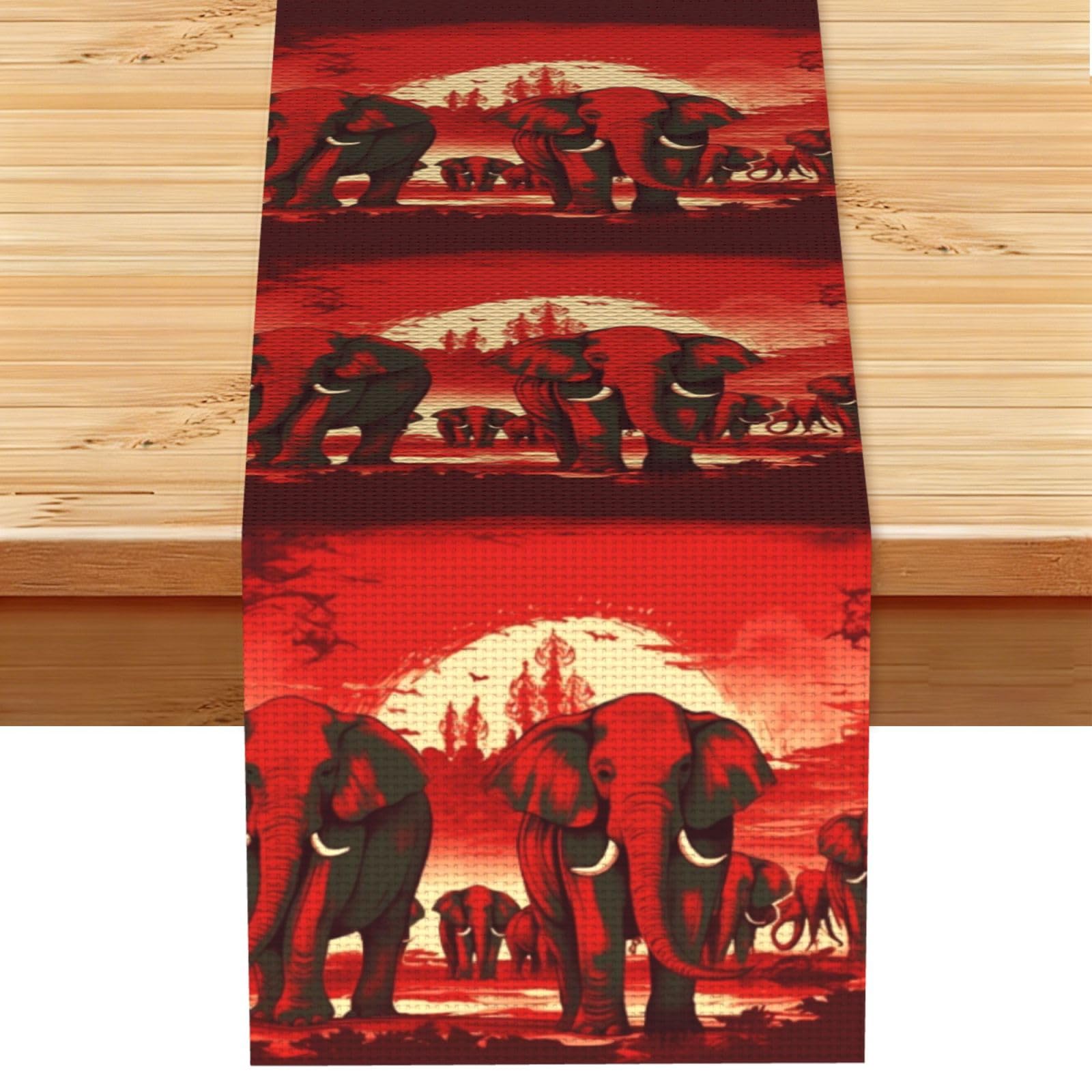 Fodpand Black Rustic Cotton Linen Table Runner, Elephants Red Table Runners 13 X 72 Inches, Modern Elegant Farmhouse Tablecloth, Washable Kitchen Dining Table Decoration For Home Party Decor