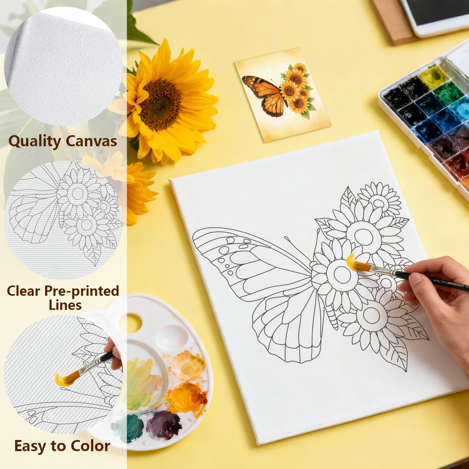 MAYJOYDIY 12 tele pre-disegnate con farfalle e fiori per dipingere, girasole, rosa, magnolia, 25 x 20 cm, motivo: farfalla, fiori esotici, fai da te, per principianti, bomboniere