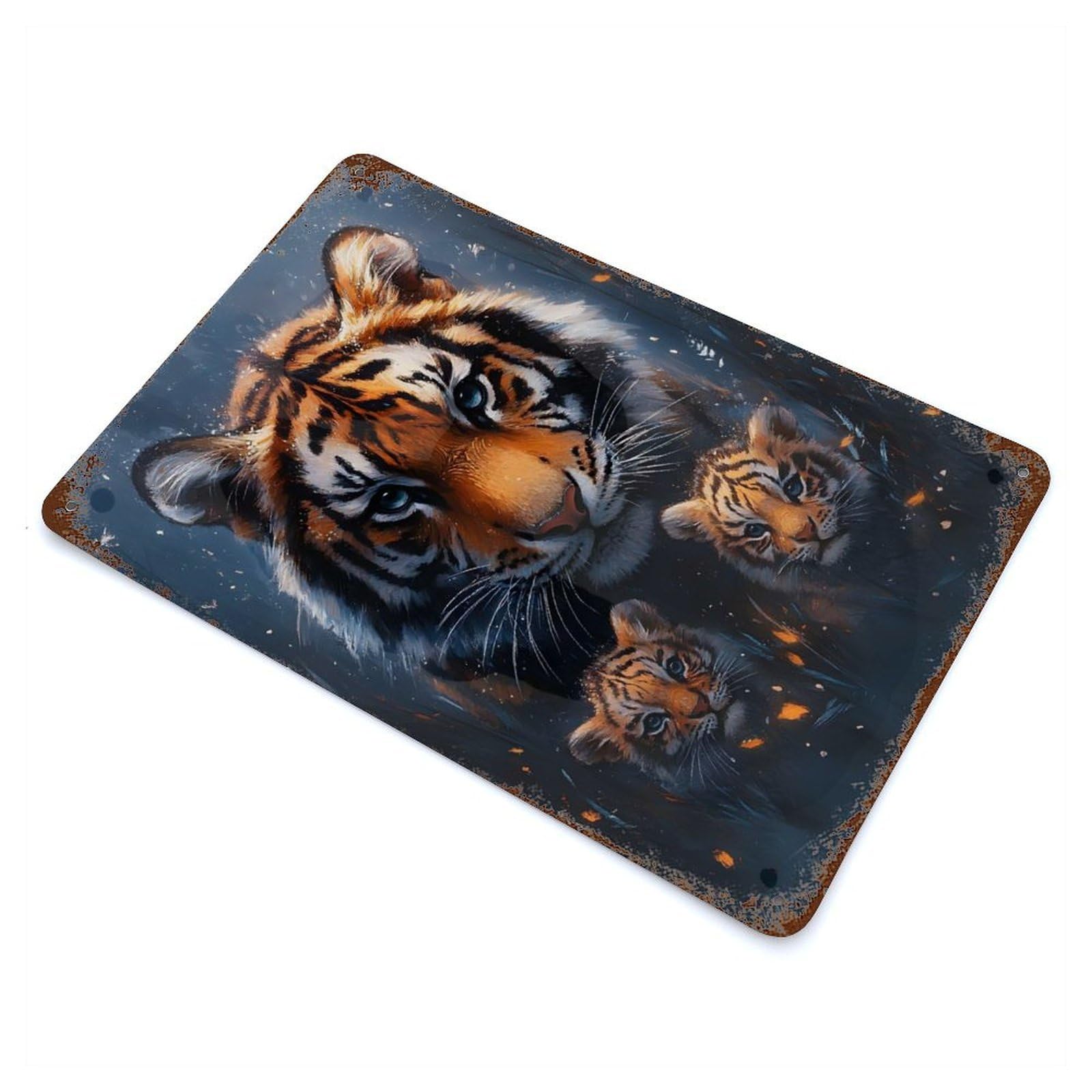 Rustic Tin Plaque with Tiger Family Portrait Design 11.8"x7.9", for Cafe, Home Bar And Lounge Decor, Industrial Home Decor