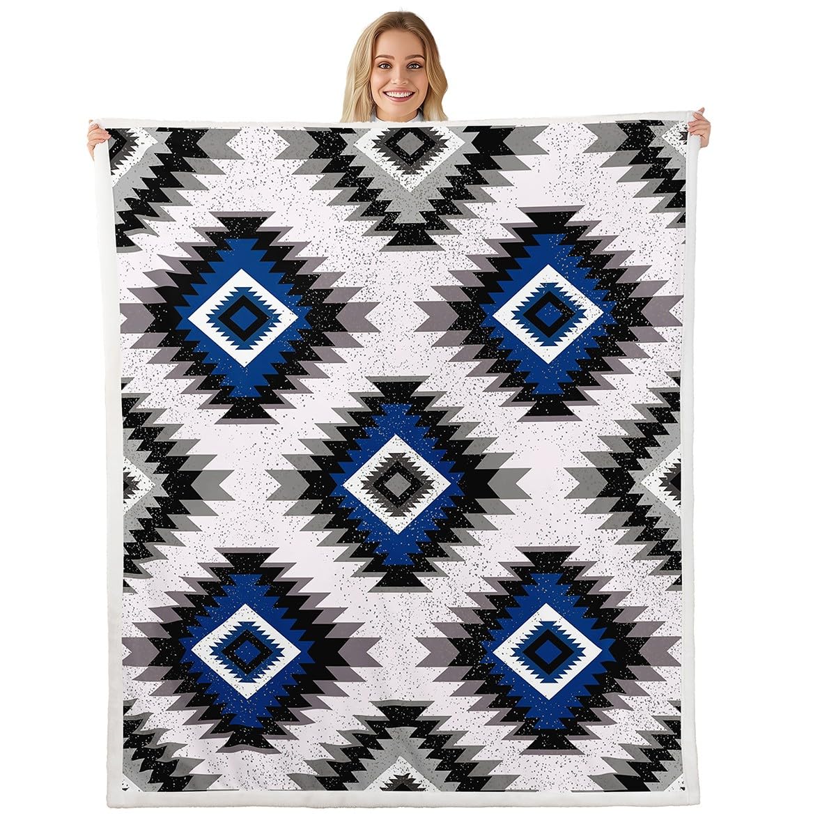 Kids Southwest Native American Design Fleece Throw Blanket Baby 30"x40" Blue Grey Geometric Sherpa Blanket for Bedroom Decor Tribal Plush Blanket Set