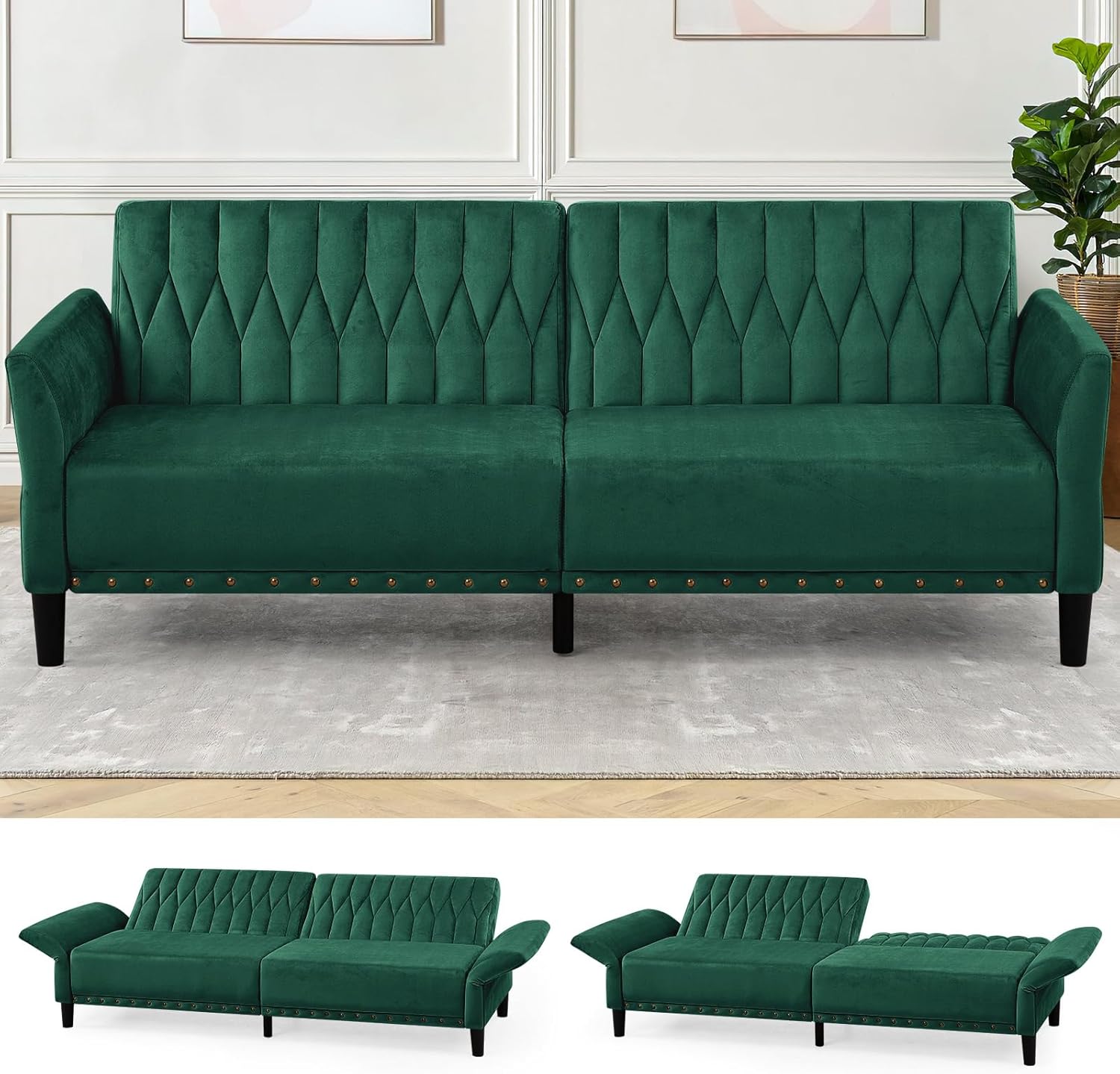 77″ Velvet Sleeper Couch with Adjustable Backrests &