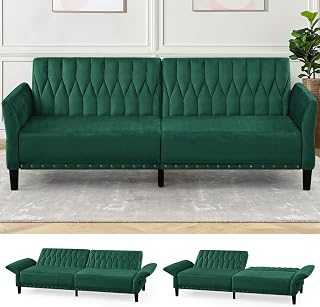77" Velvet Sleeper Couch with Adjustable Backrests & Armrests, Modern Sofa Bed with Nailhead Trim, Tufted Loveseat Sofa with Deeper Seat for Living Room,Office,Green
