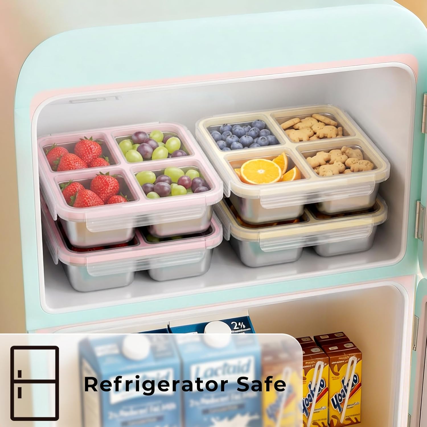 3 Pack Stainless Steel 4 Compartment Snack Containers with Lids, Reusable Divided Lunch & Food Storage Containers for Work, Travel (Pink, Yellow, Blue)