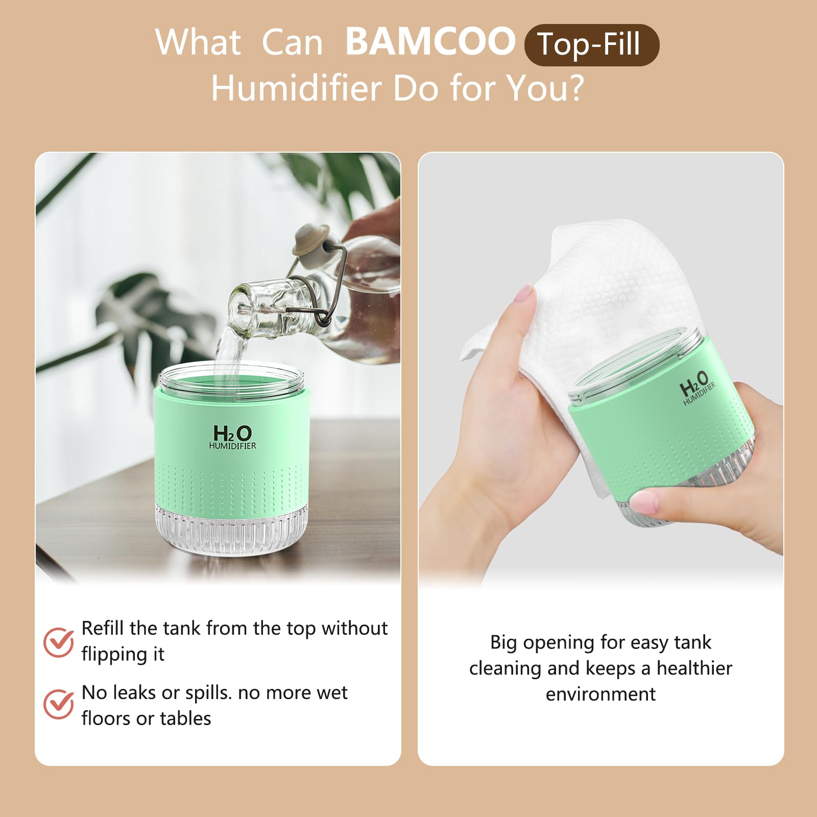 Humidificador Pequeño Ultrasónico con Luz Nocturna y Apagado Automático 2 Modos Silencioso USB (Grün)