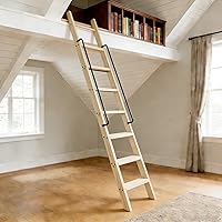 96in Red Oak 8-Step Rolling Library Ladder with Handrail - Unfinished Wooden Loft Attic Ladder for Kitchen, Bookshelf, Home DIY