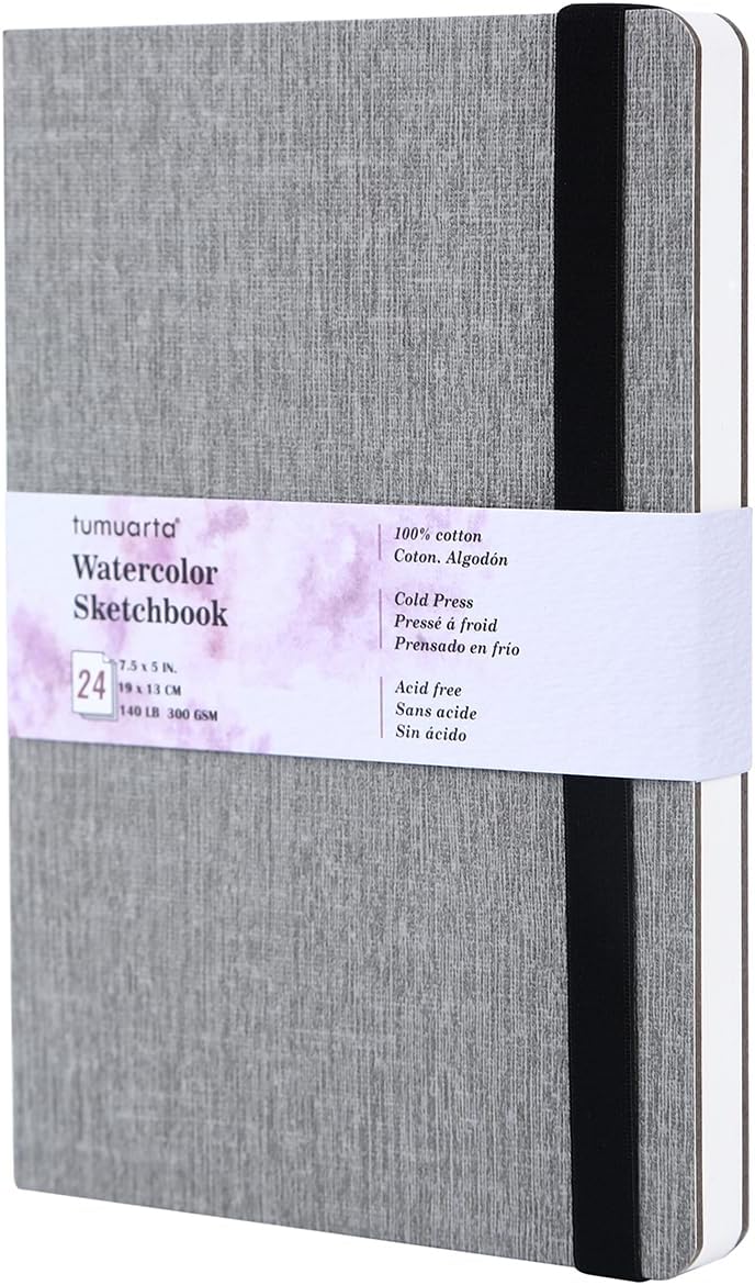 Watercolor Sketchbook, 19x13 CM, 300 GSM, 100% Cotton Paper, Cold Press, 24 Sheets, 48 Pages, Watercolor Journal for Use As Travel Sketch Book and Mixed Media Pad On The Go. (Grey)