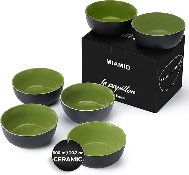 MIAMIO - zestaw misek kamionkowych 6 x 600 ml, czarne zewnątrz, kolorowe wewnątrz - Kolekcja Le Papillon (Zielony)