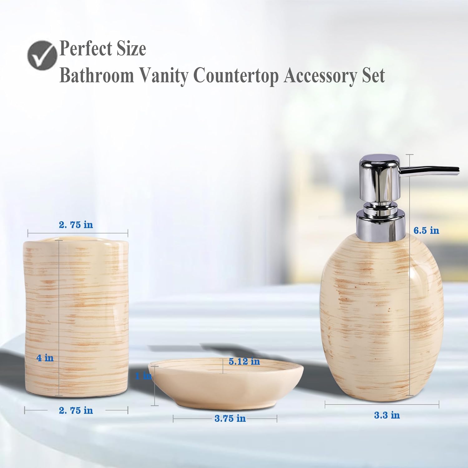 Bathroom Accessory Set of 3, Ceramic Bathroom Accessories Complete -Toothbrush Holders, Soap Dispenser, Soap Dish, Rustic Boho Bathroom Decor, Farmhouse Bathroom Organizer for Countertop