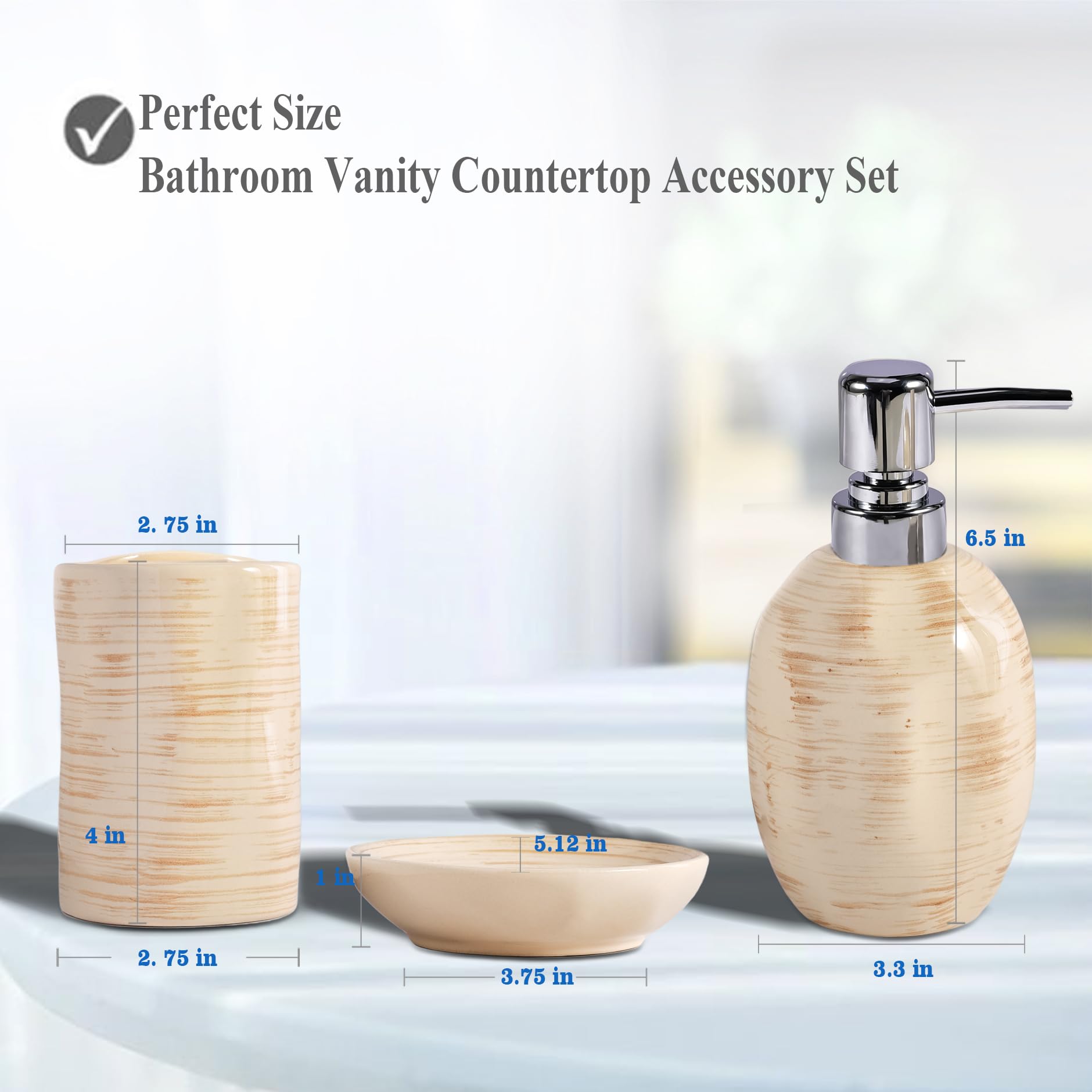 Set di 3 accessori da bagno in ceramica, accessori da bagno completi, portaspazzolini, dispenser di sapone, portasapone, decorazione rustica per il bagno bohémien, organizer da bagno per piano di