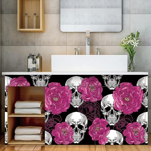 Miniatura 6 de Sugar Skull Penoy Papel Tapiz Floral de Despegar y Pegar para Dormitorio NegroBlancoRojo Papel de Contacto Removible Decoraciones de Pared Acentuada